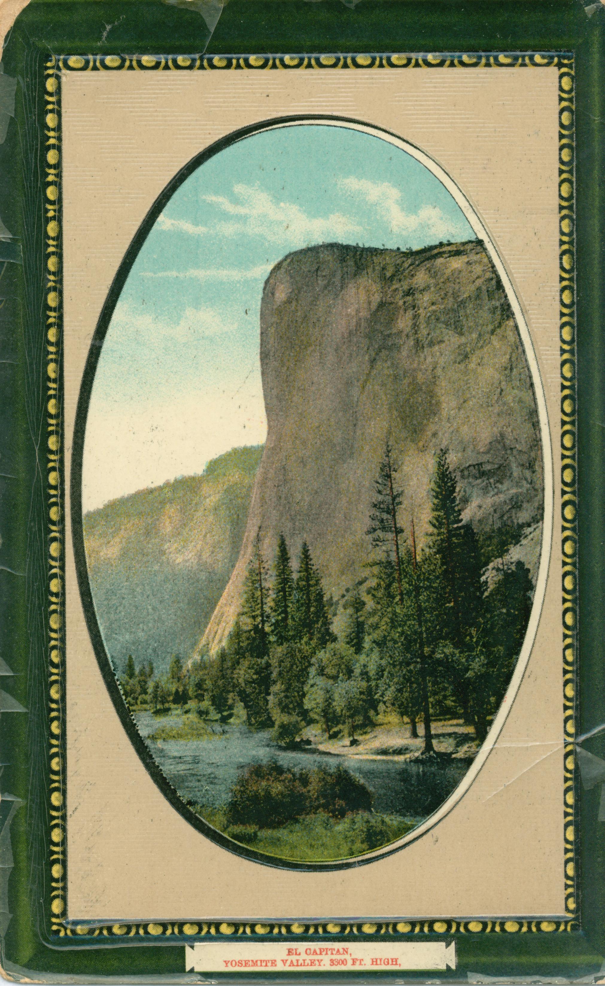 Shows a vignette of El Capitan looming above a tree-lined river