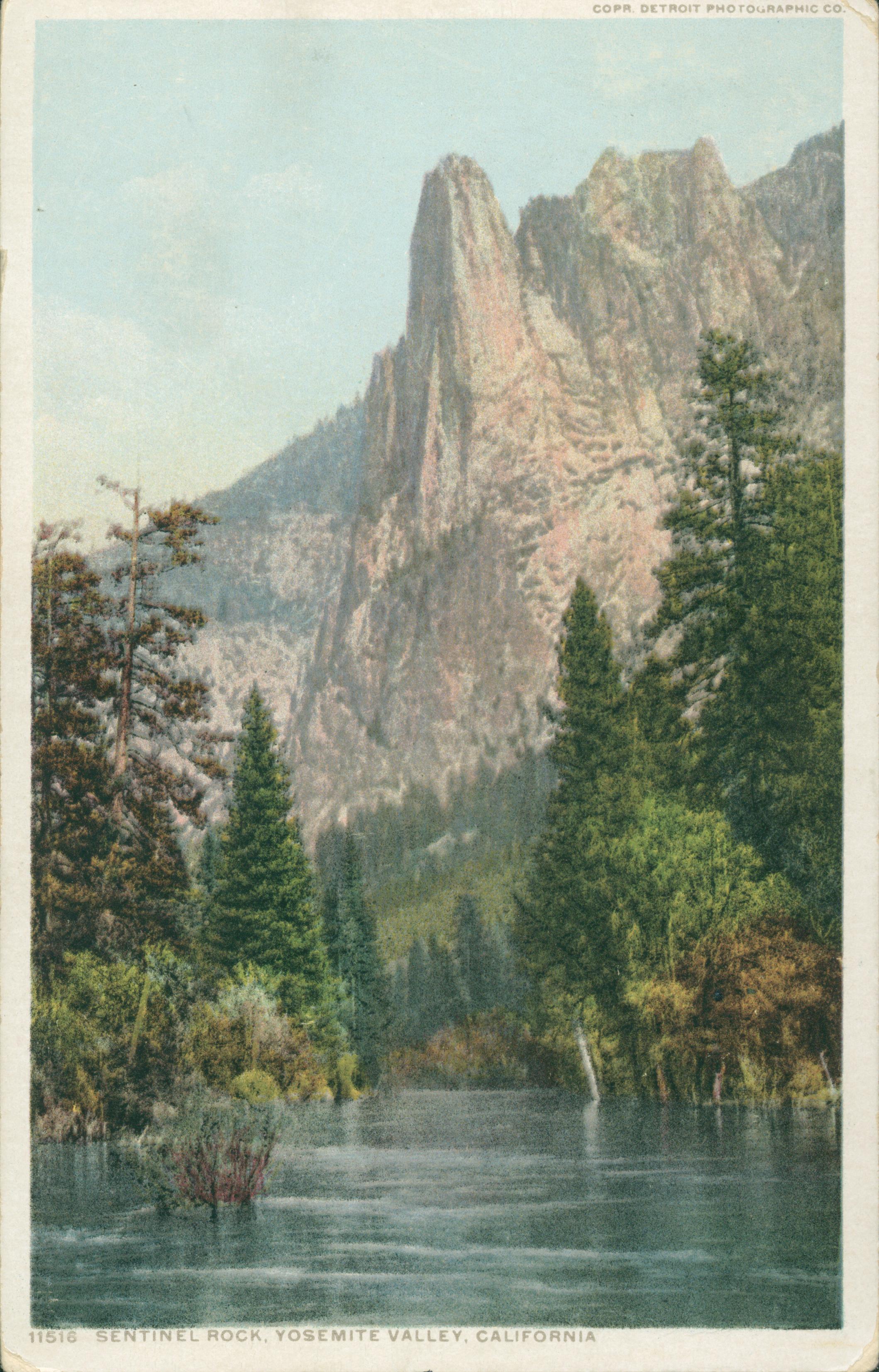 Shows Sentinel Rock looming above the Merced River