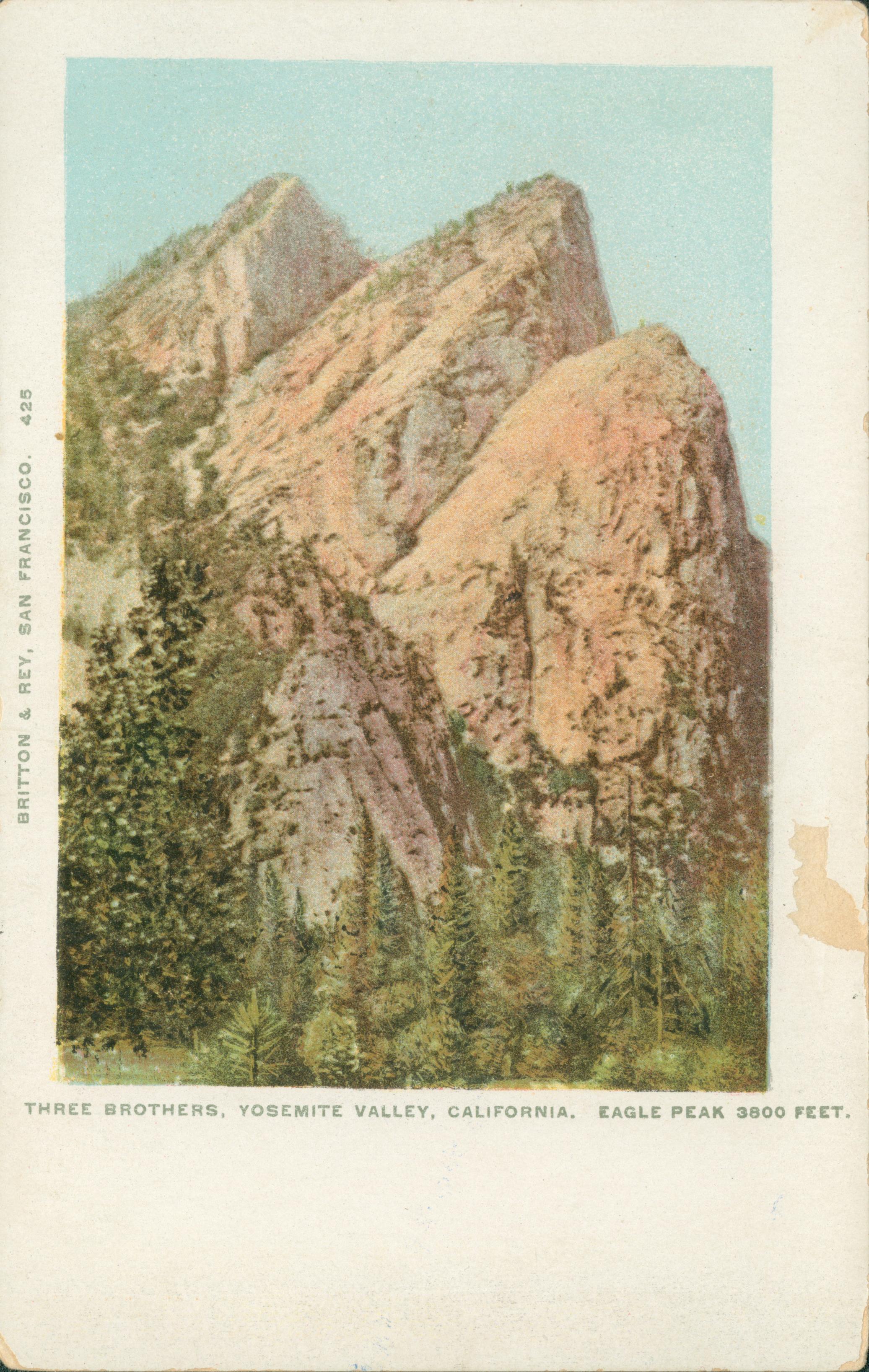 Shows the Three Brothers rock formation with trees in the foreground.
