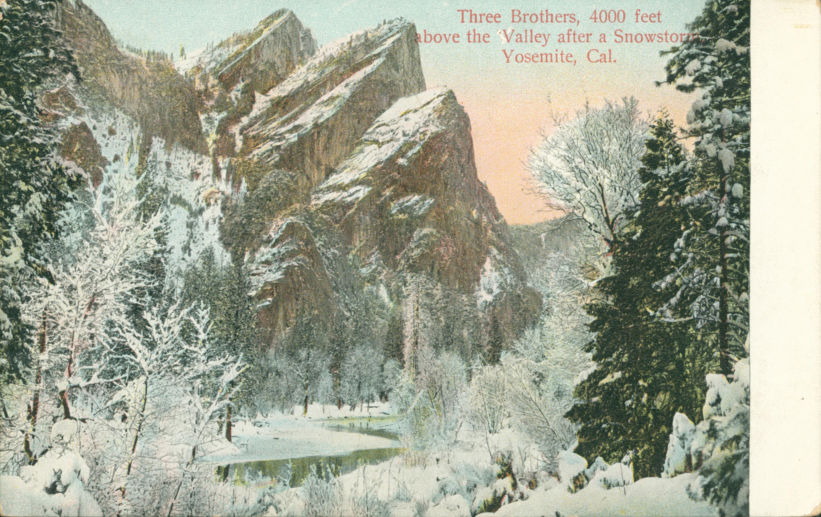 Shows the Three Brothers rock formation with trees covered by snow, and a river in the foreground.