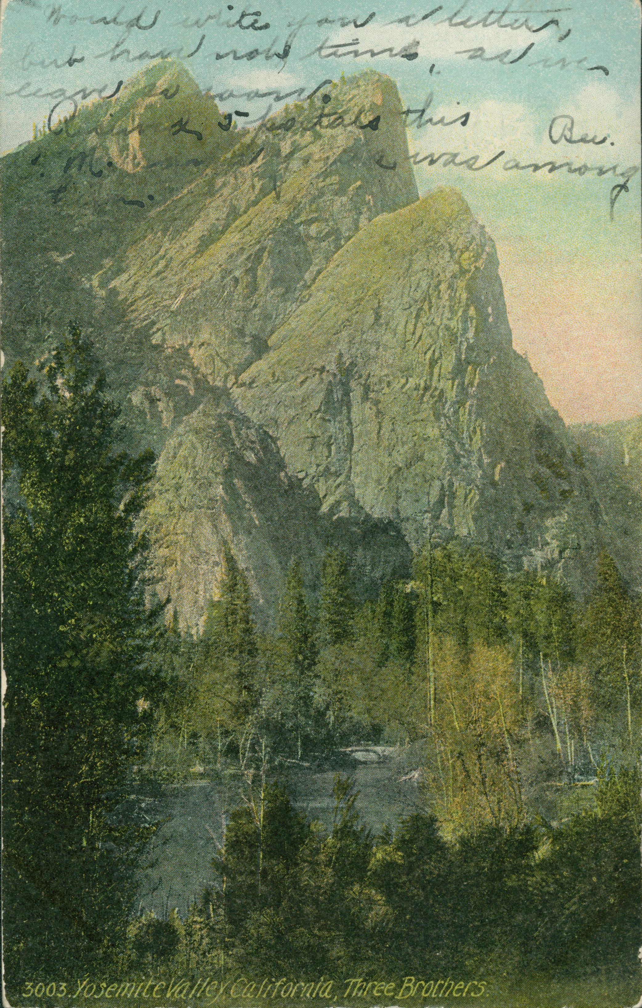 Shows the Three Brothers rock formation with trees and a river in the foreground.