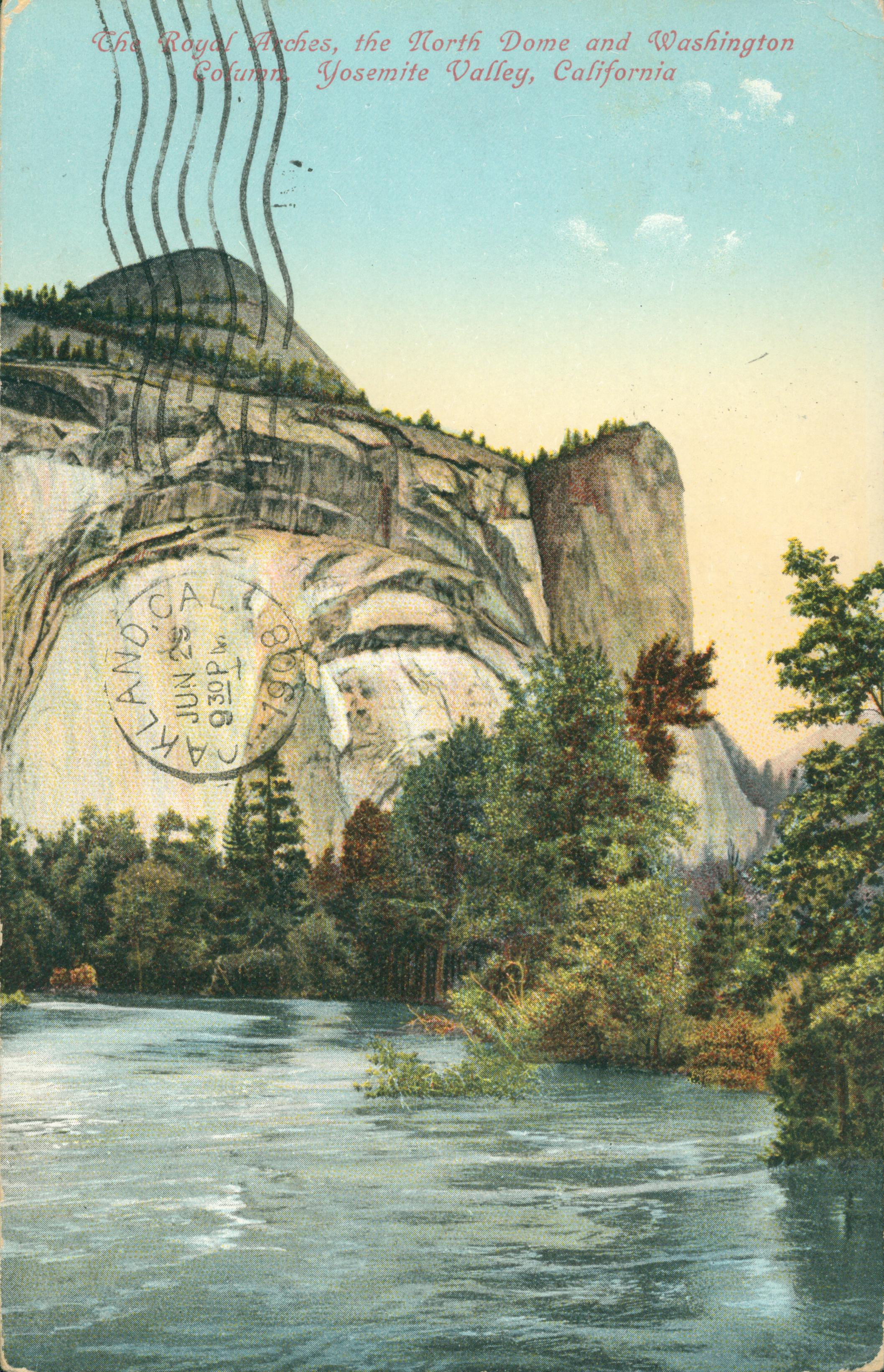 Shows the Merced River with the Washington Column and North Dome in the background
