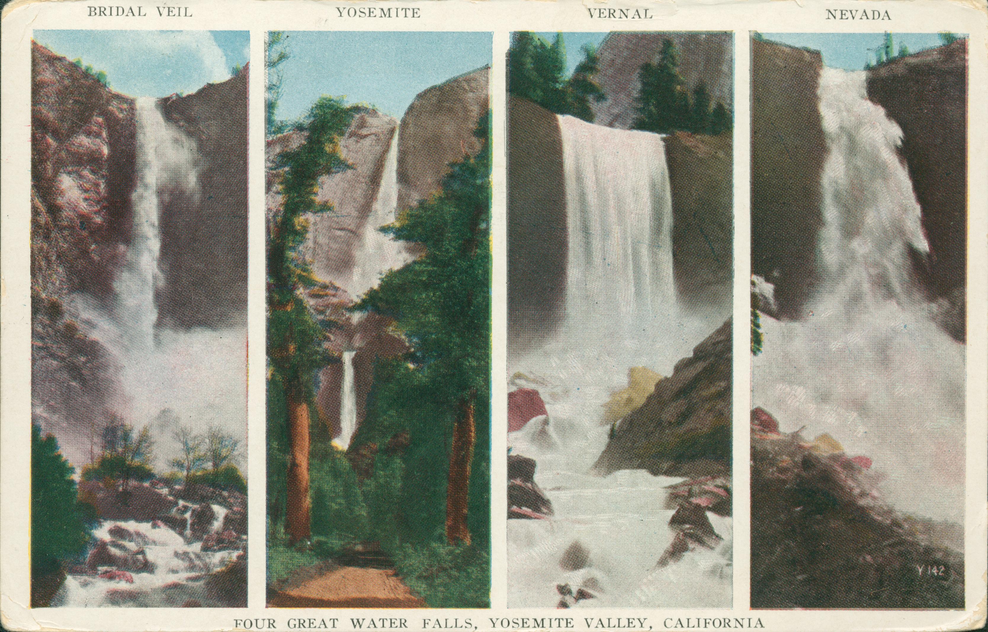 Shows views of Bridal Veil, Yosemite, Vernal and Nevada falls