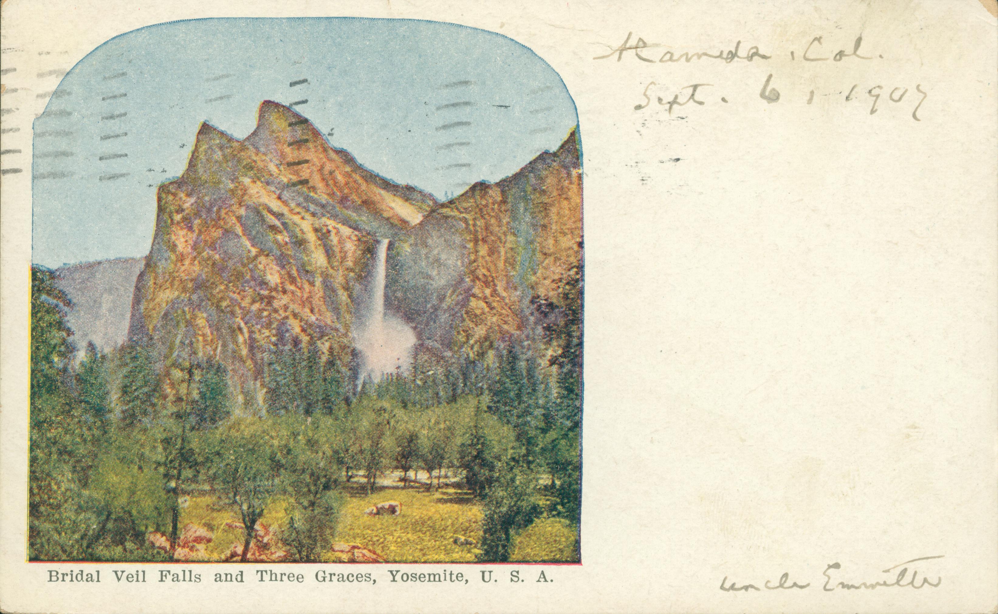 Shows a view of the valley with Bridal Veil Falls and the Three Graces in the background