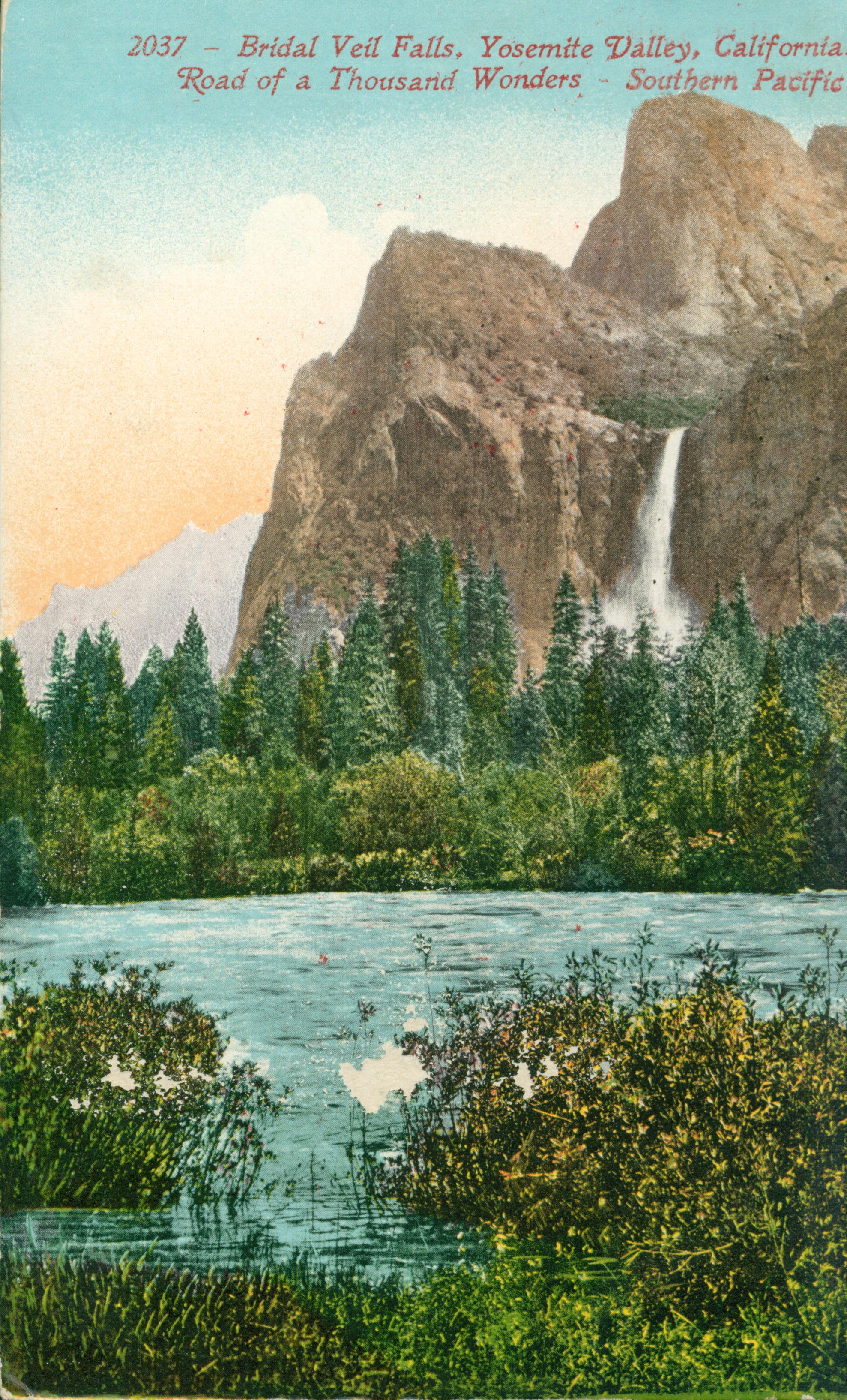 Shows a view of Bridal Veil Falls with a river and trees in the foreground