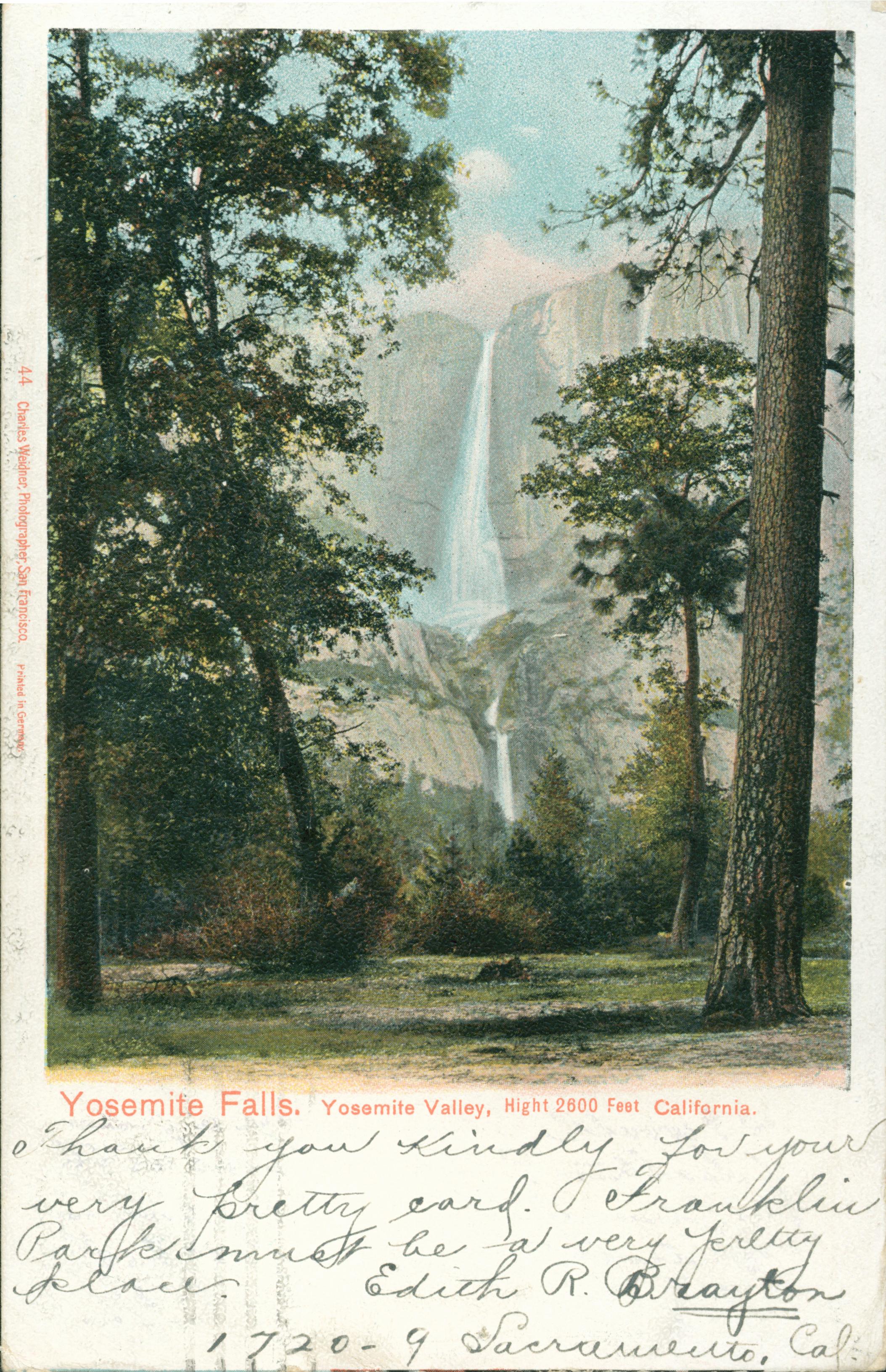 Shows a view of Yosemite Falls framed by trees