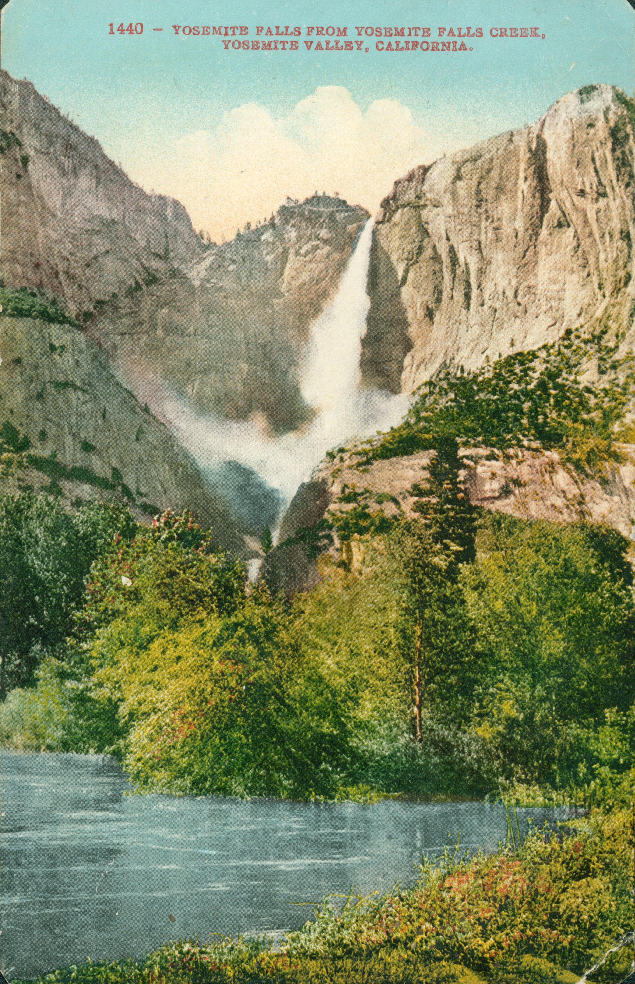 Shows a view of Yosemite Falls with Yosemite Falls Creek in the foreground