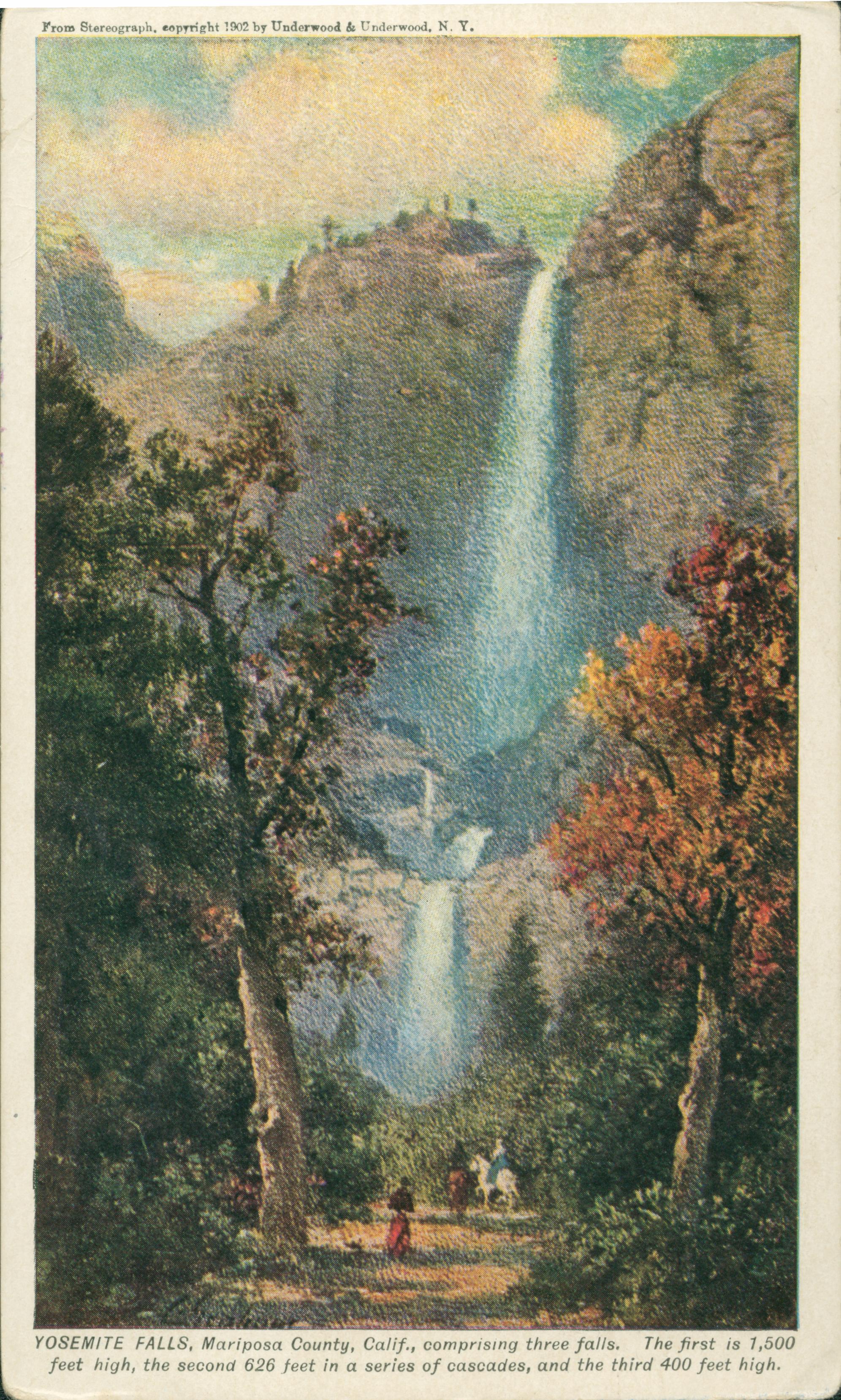Shows a road with two hikers and a rider lined by trees with Yosemite Falls in the background