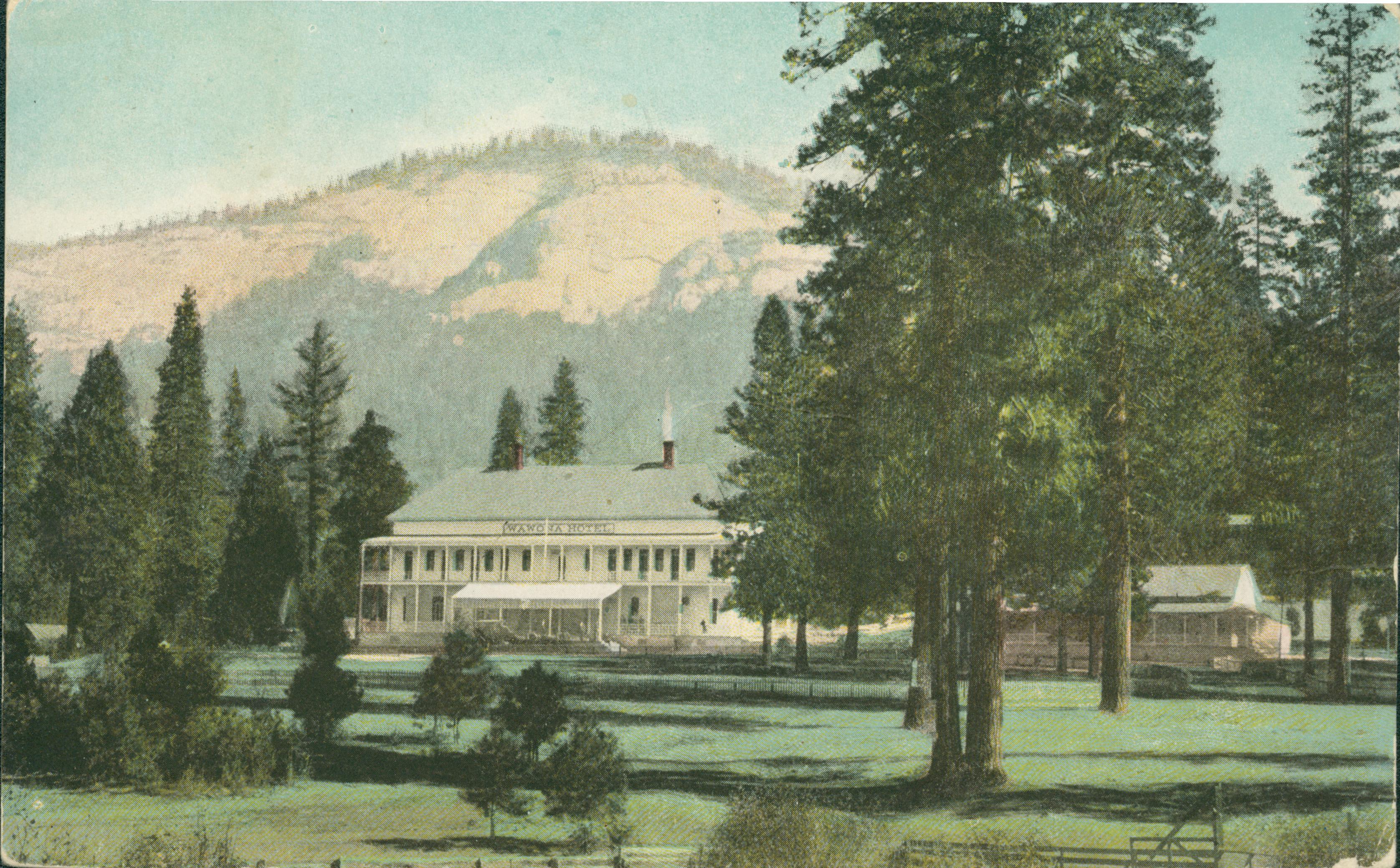 Shows a meadow dotted with trees, with Wawona Hotel in the background