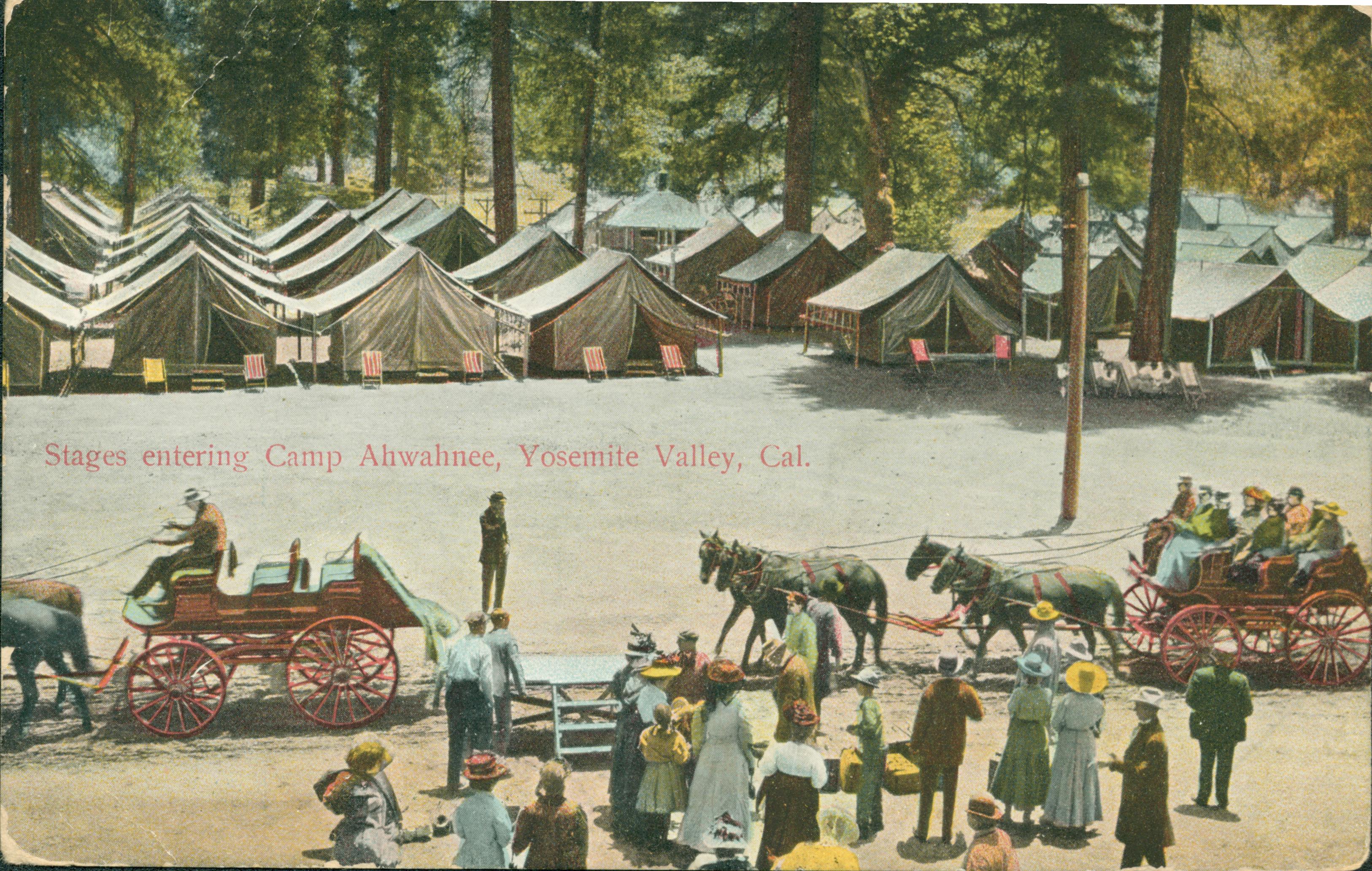 Shows two stagecoaches dropping people off, with a group of tents nestled between the trees in the background