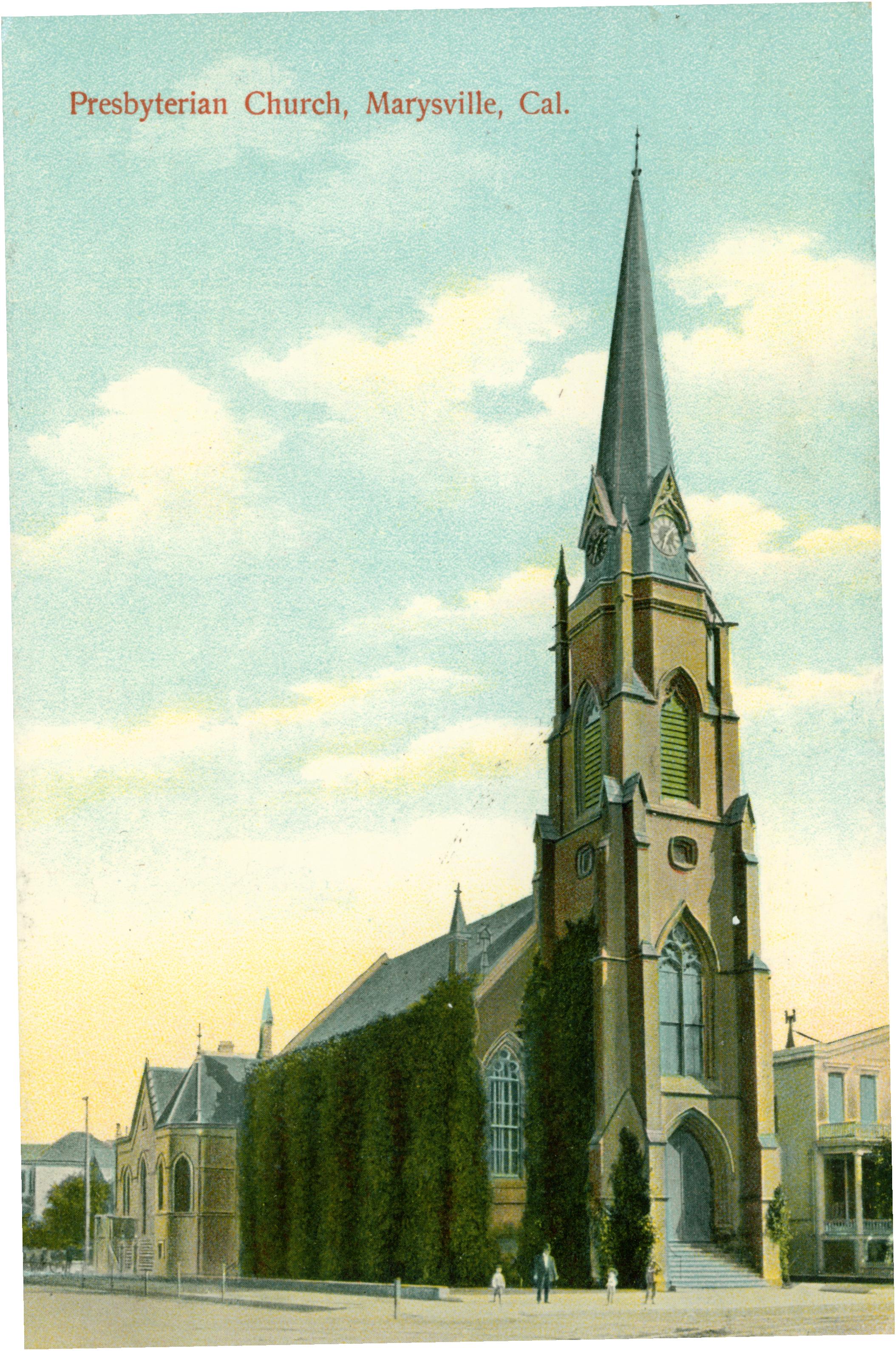 Shows a street view of the Marysville Presbyterian Church
