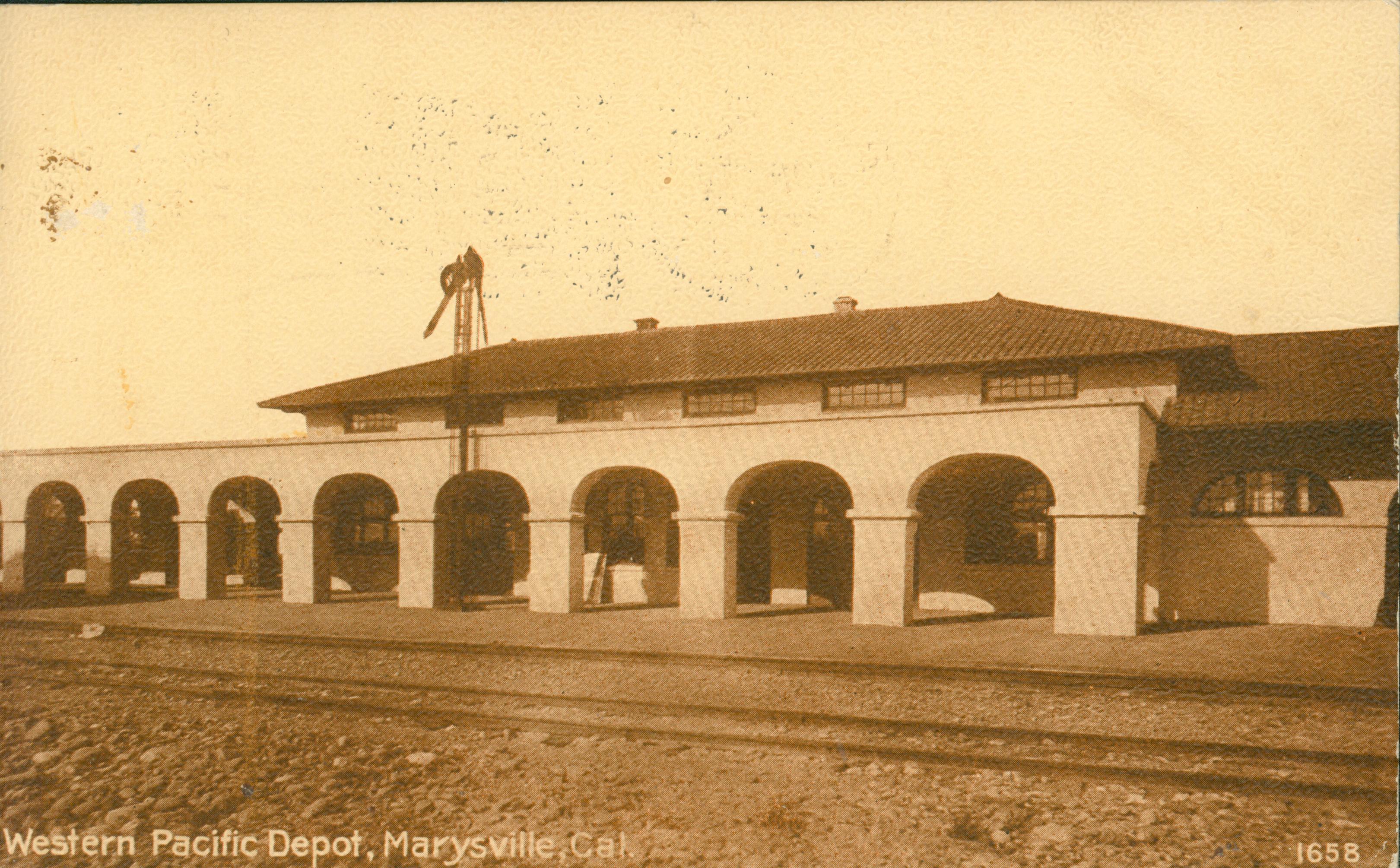 Shows the exterior of the Western Pacific train depot