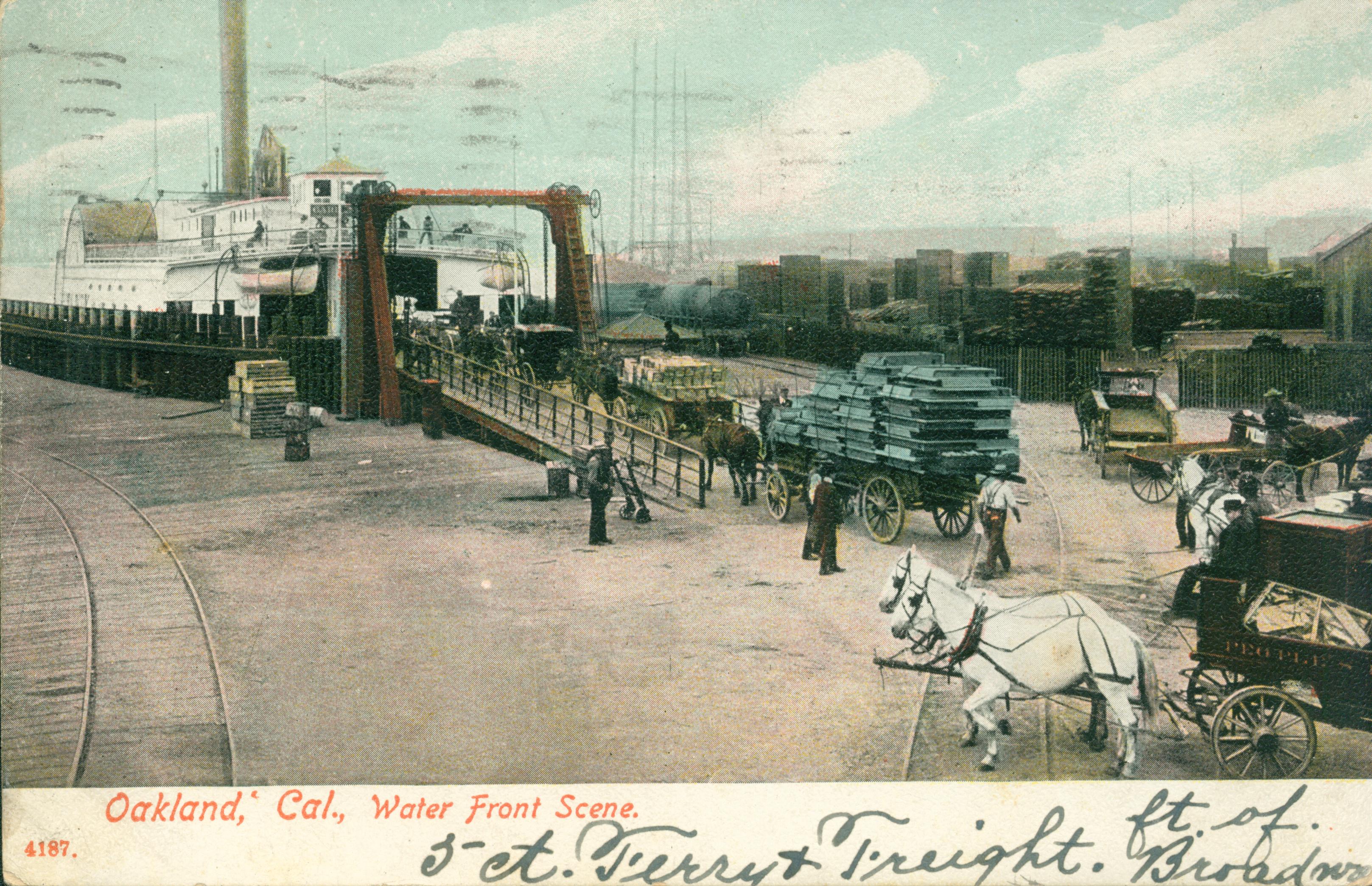 Shows several carts and wagons loading onto a ferry