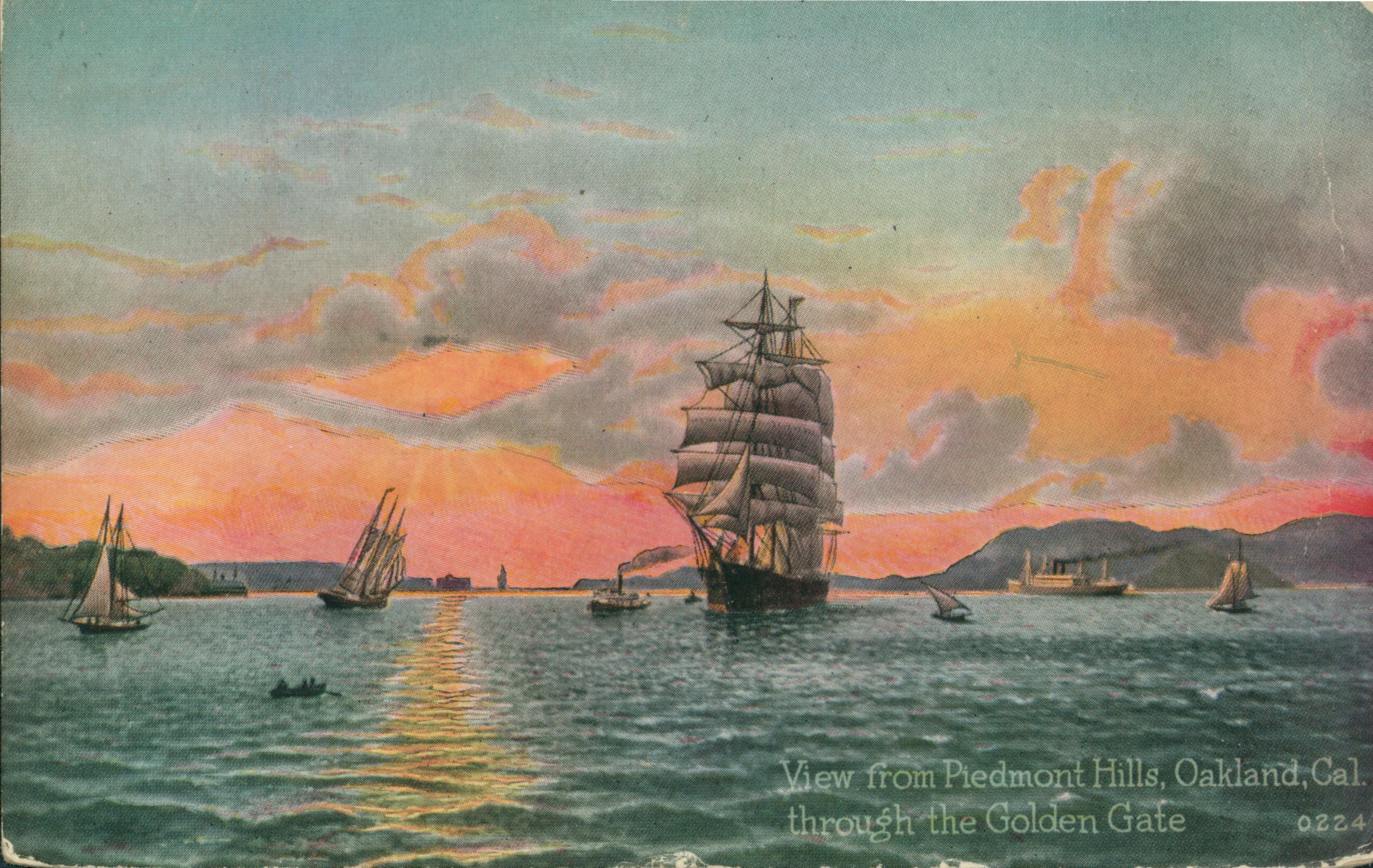 Shows several sailing ships in the bay with the Golden Gate at sunset in the distance