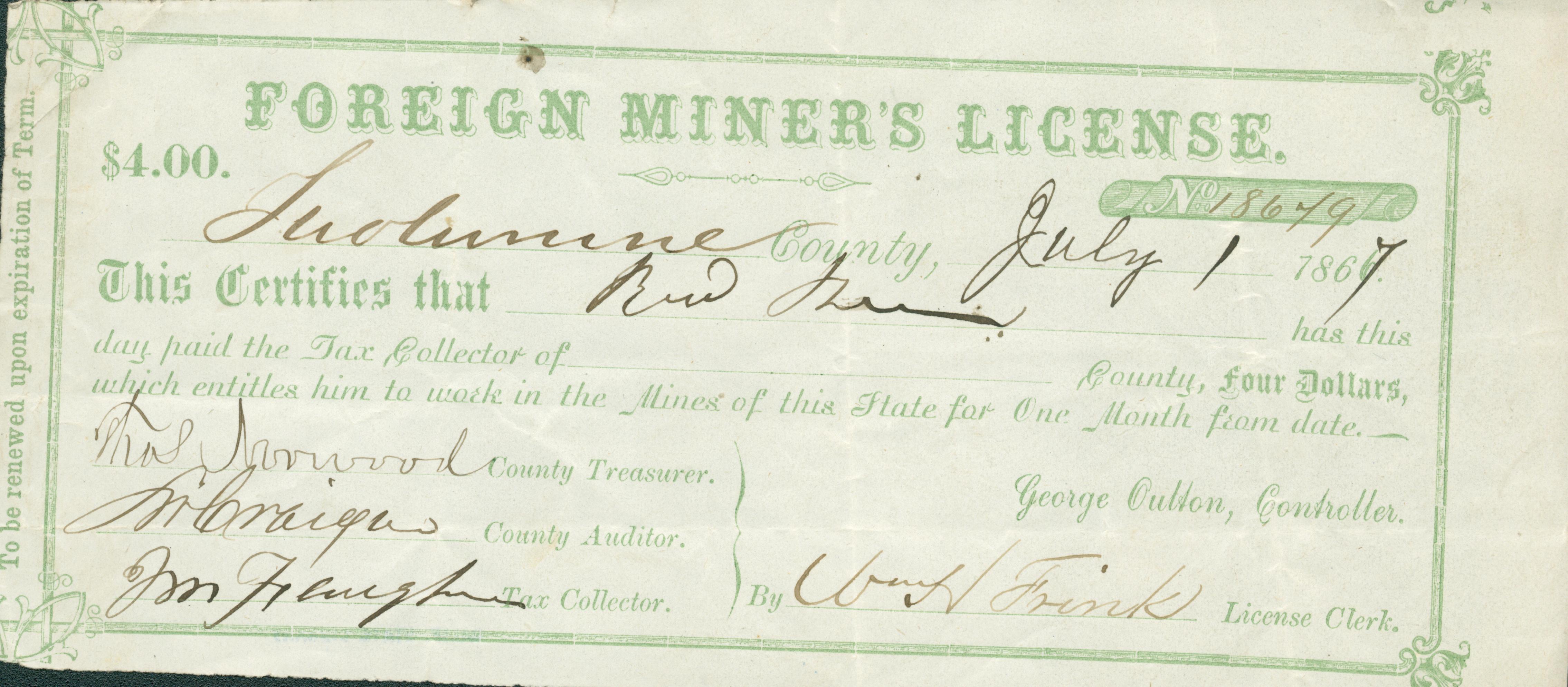 Foreign Miner's License No. 18649, $4.00, Tuolumne County, July 1, 1867