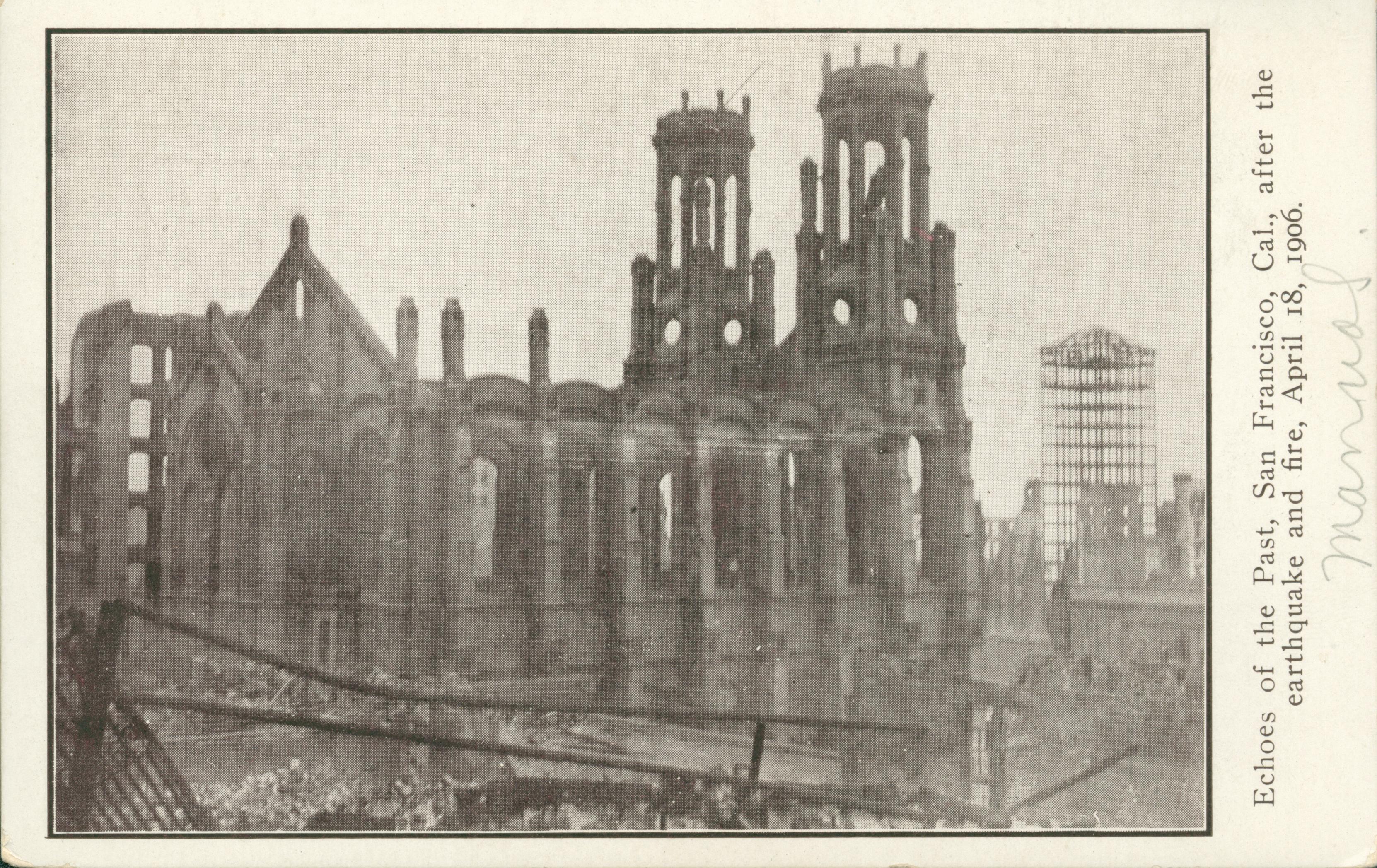 Shows a view of the ruins of Temple Emanuel