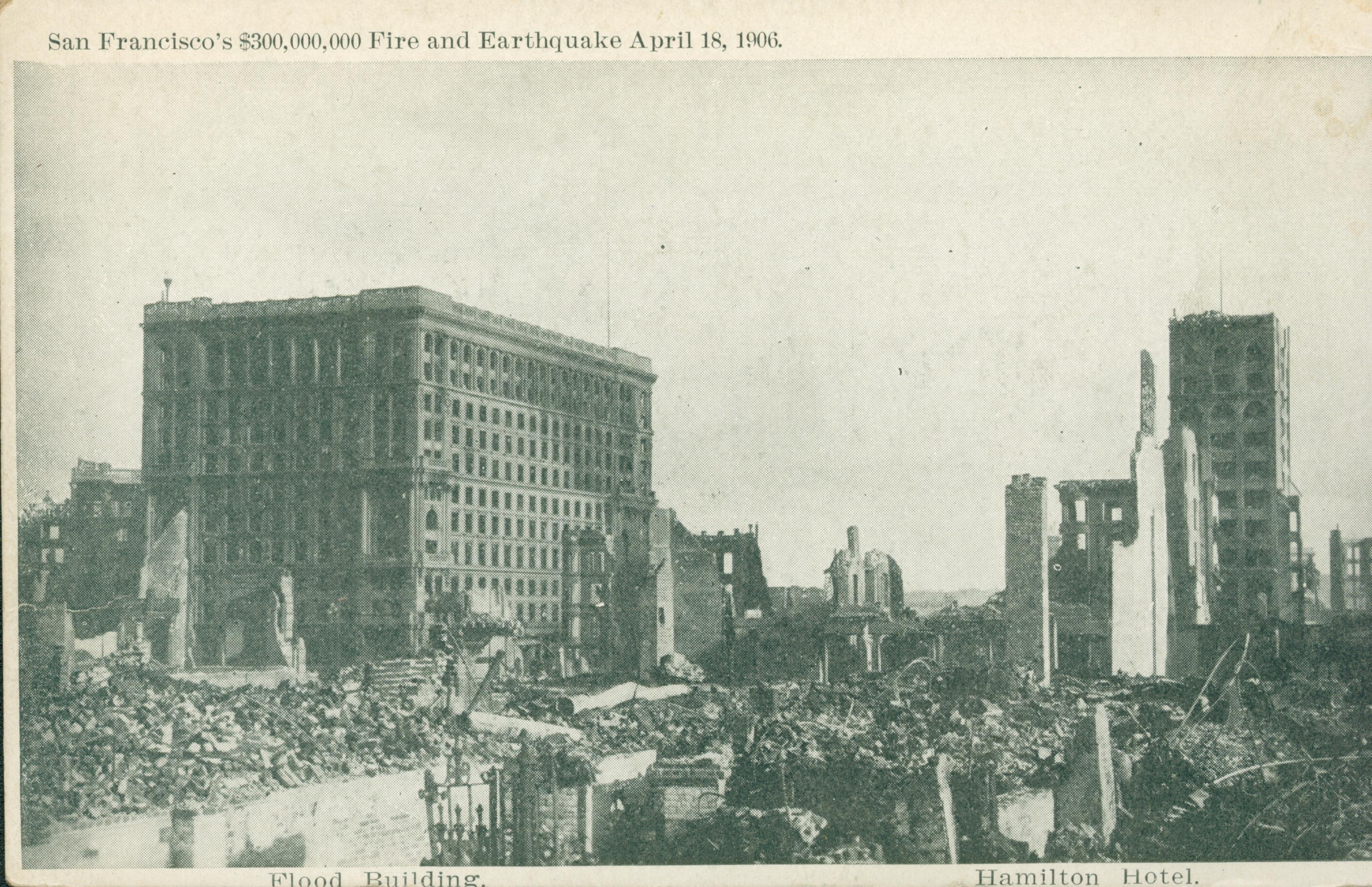 Shows the ruins of several buildings after the earthquake