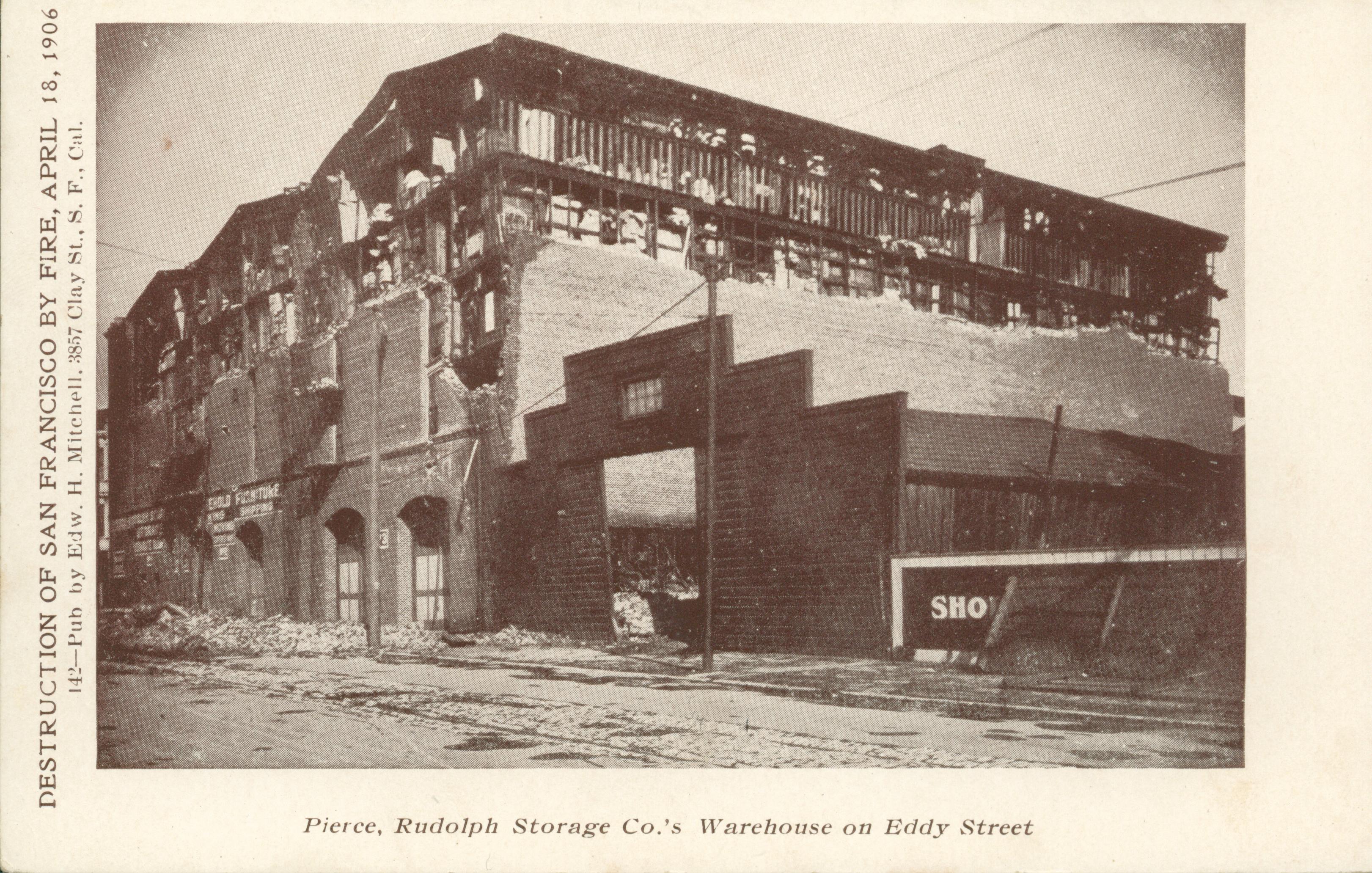 Shows the ruins of the Pierce, Rudolph Storage Company Warehouse after the fire