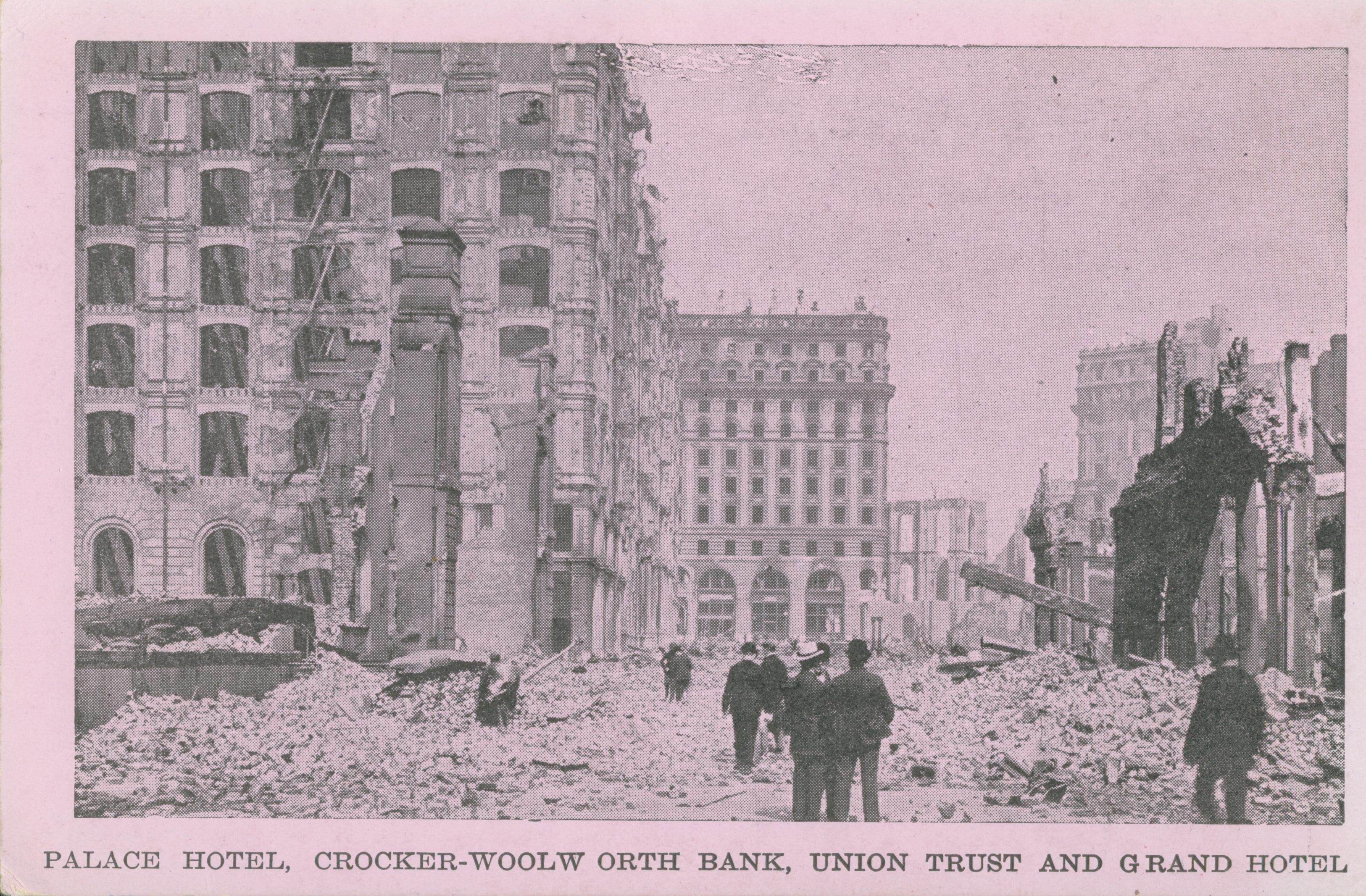 Shows  the ruins of several buildings after the earthquake