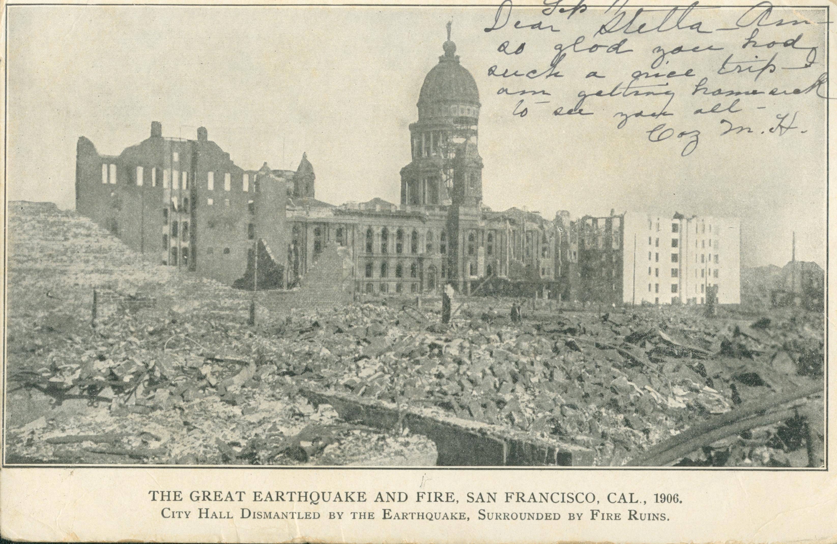 Shows the ruins of City Hall after the earthquake