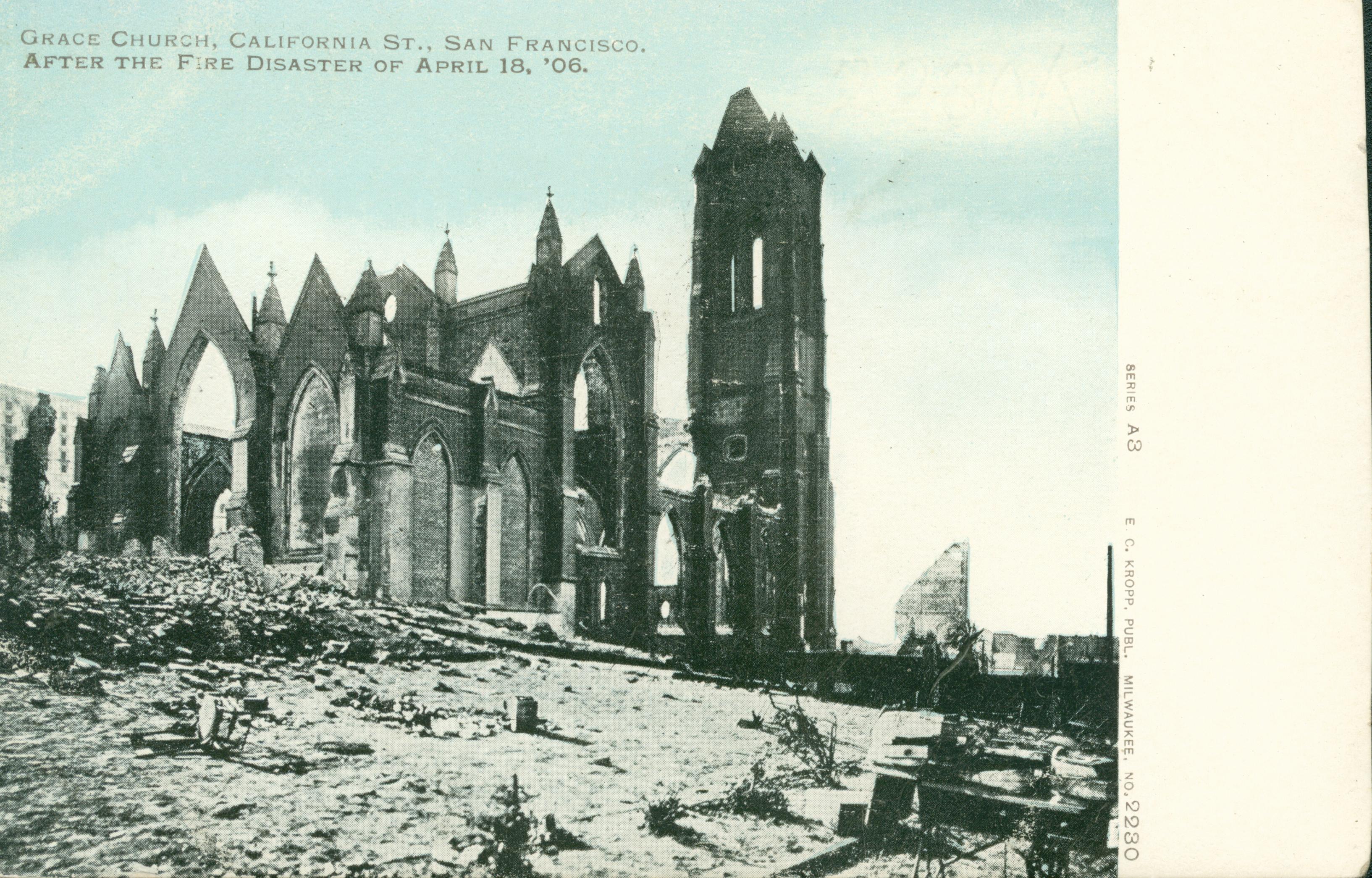 Shows  the ruins of Grace Church after the earthquake