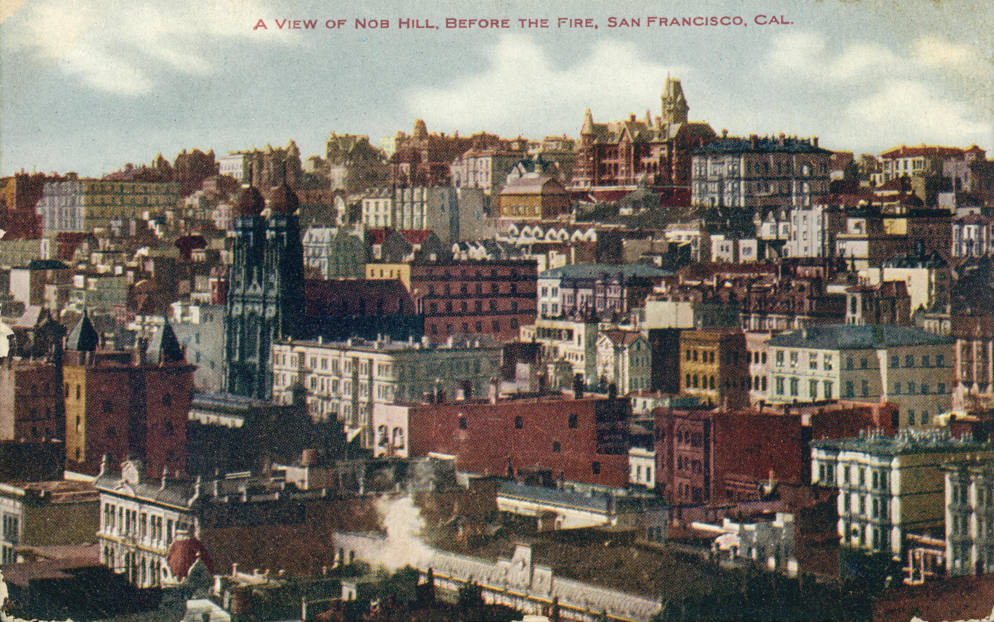 Shows a panoramic view of San Francisco prior to the earthquake