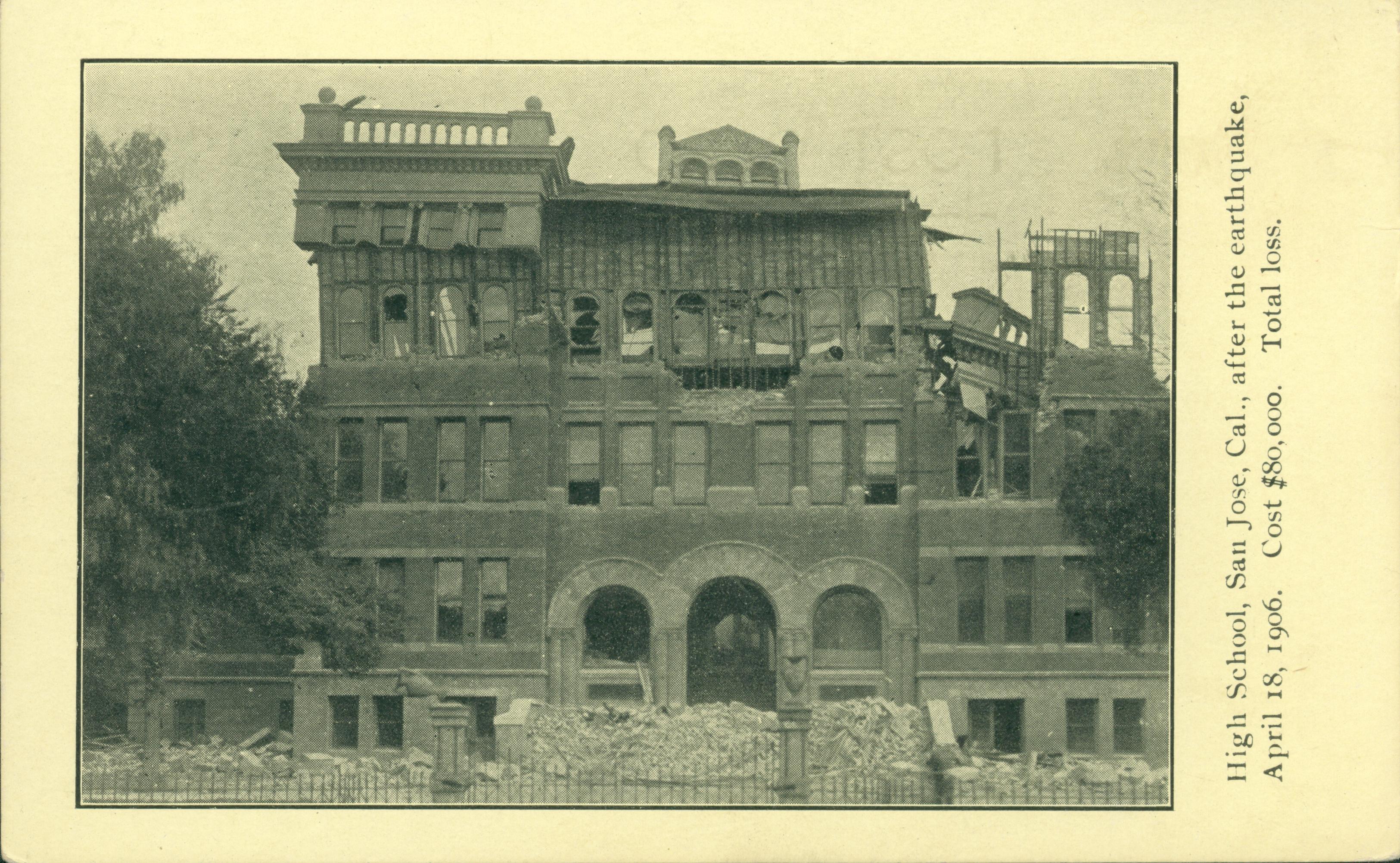 Shows the exterior of the High School in ruins