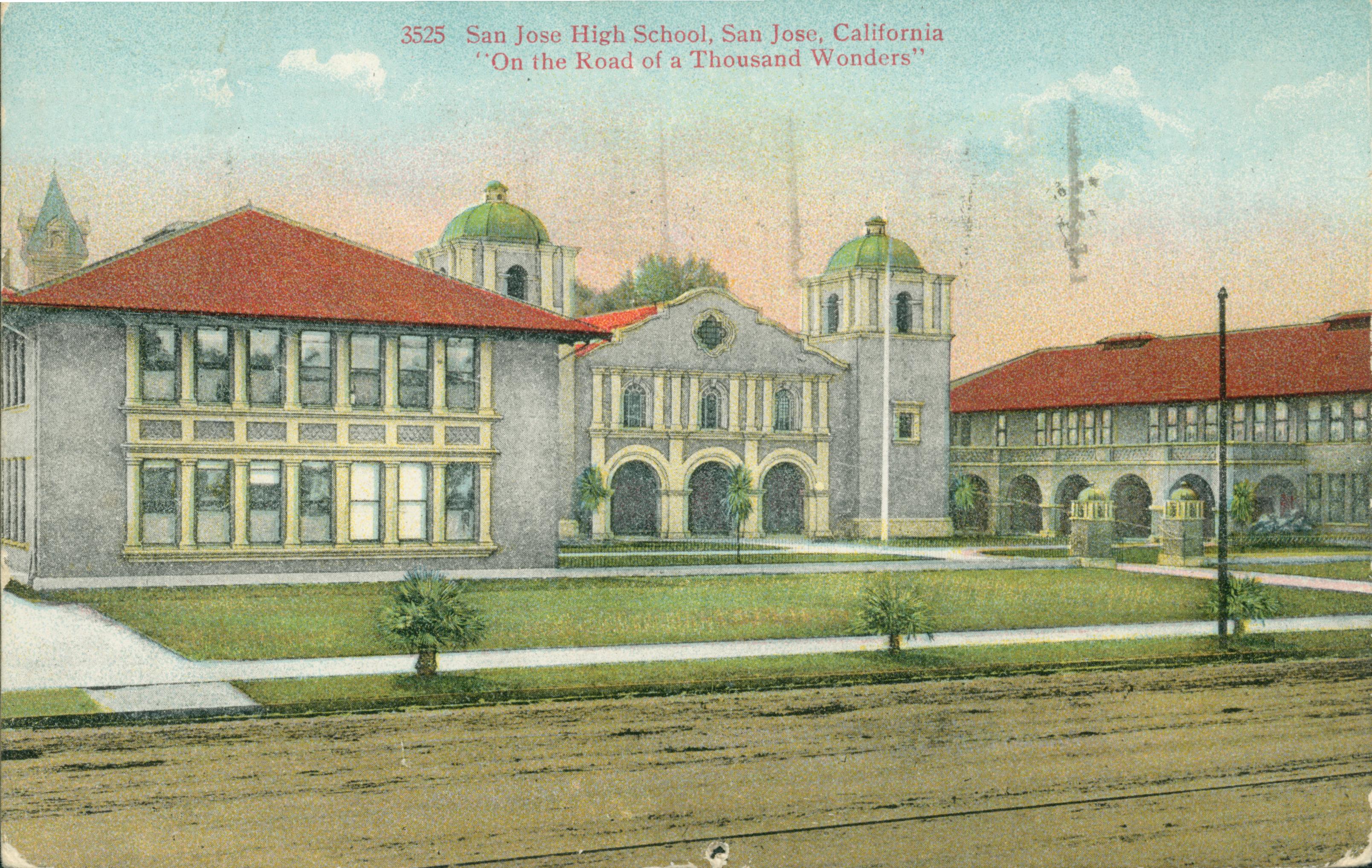 Shows the exterior of the High School