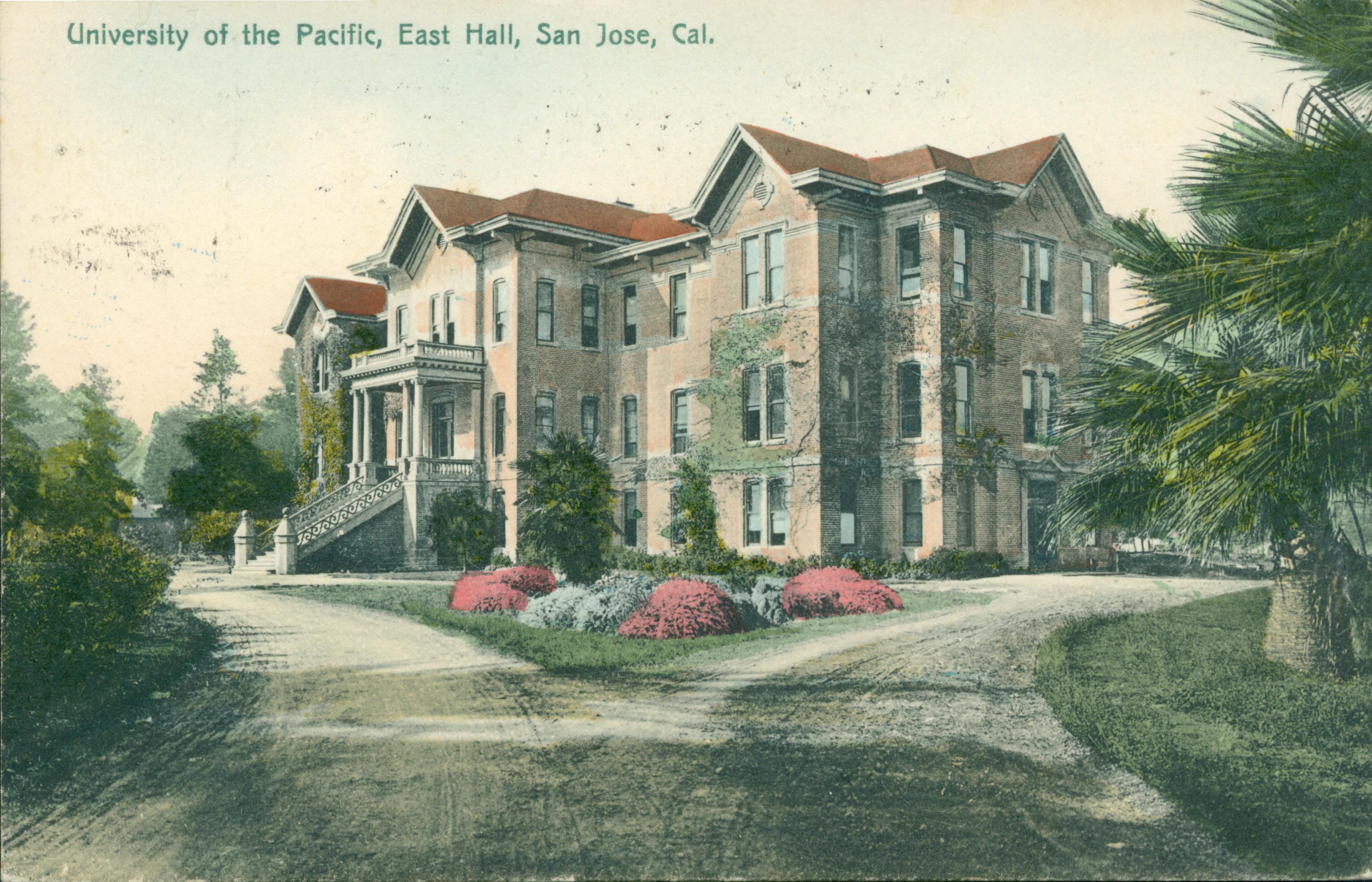Shows the exterior of the East hall at University of the Pacific