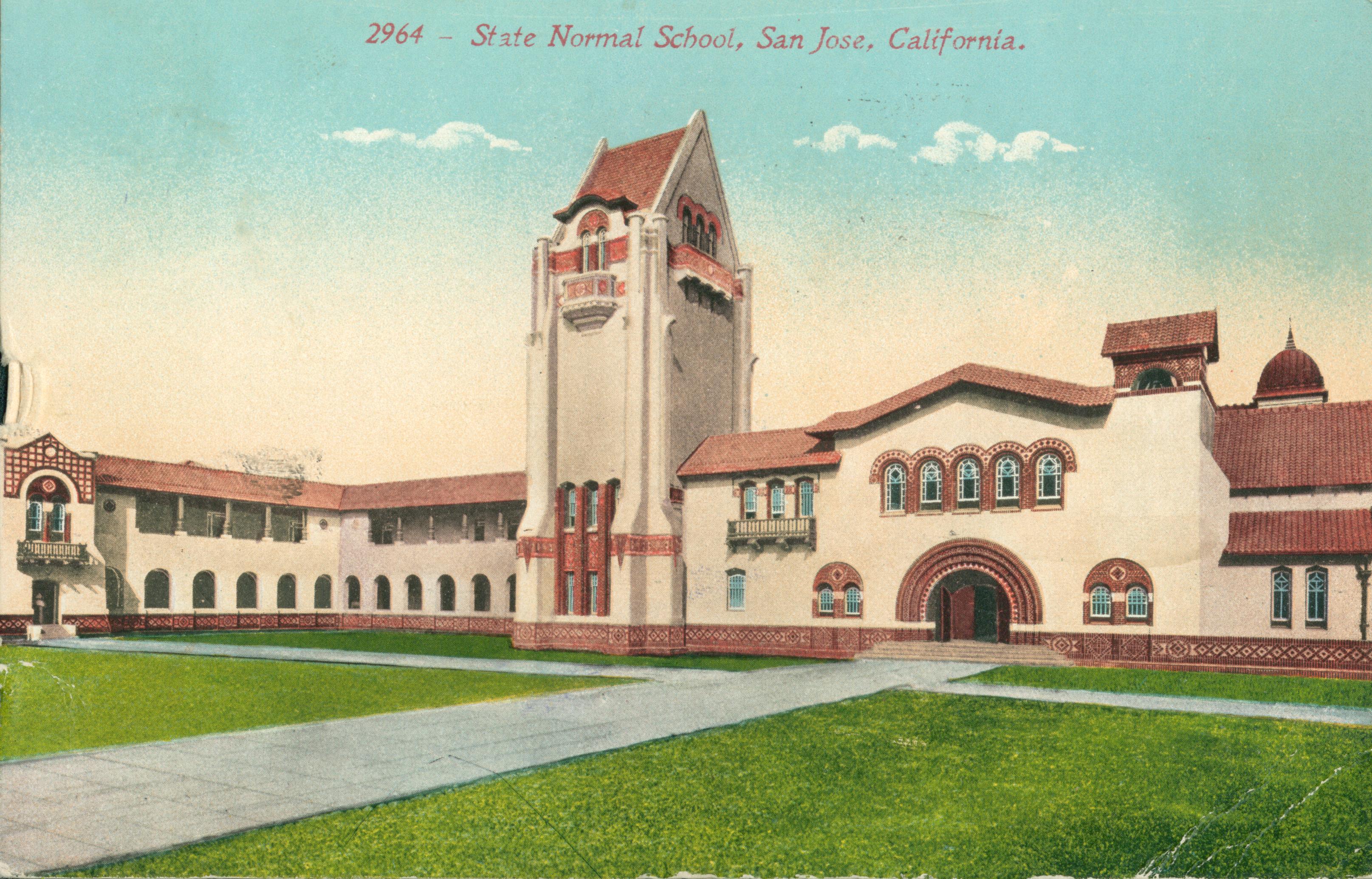 Shows the exterior of the State Normal School
