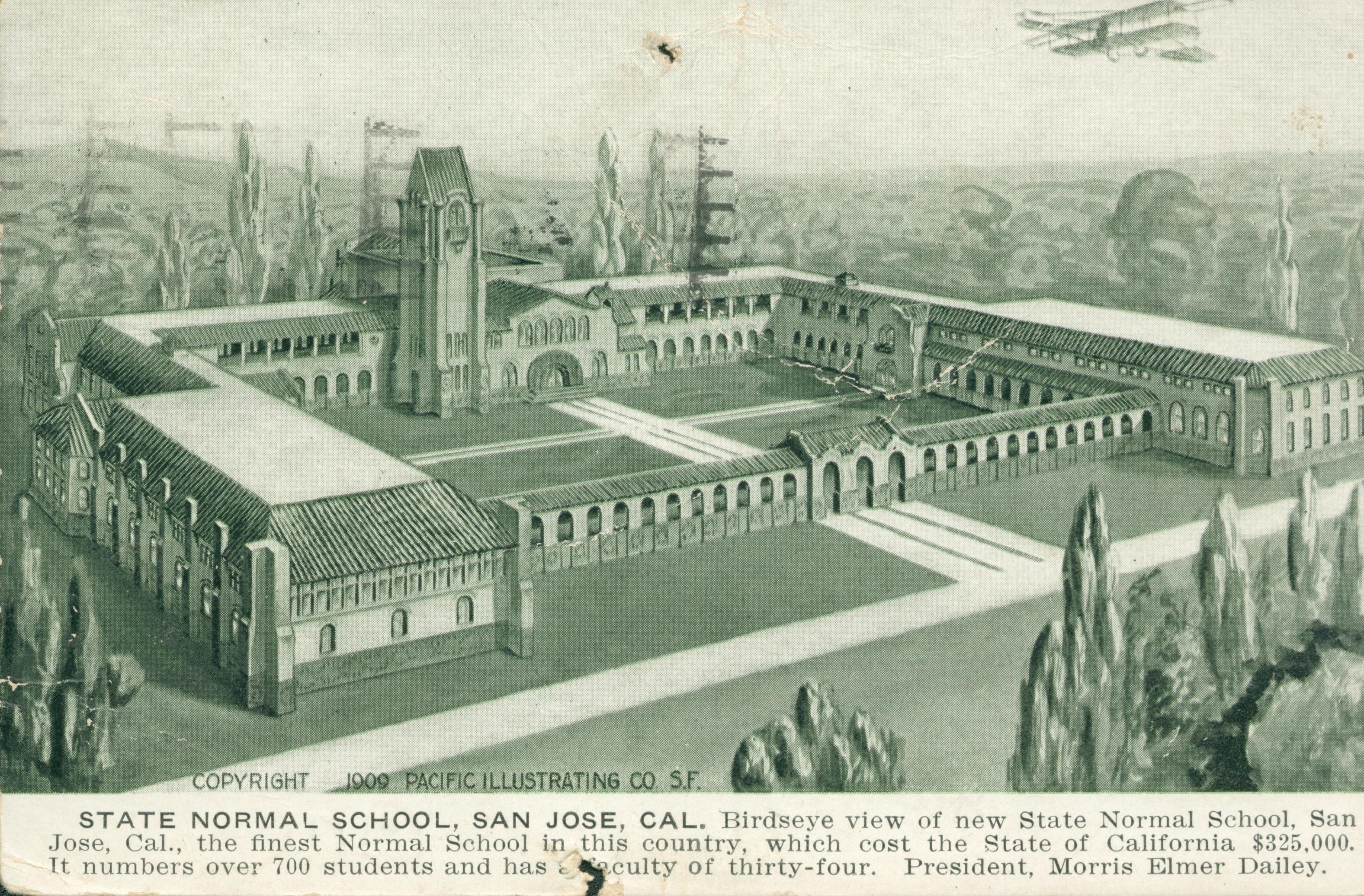 Shows the exterior of the State Normal School from above