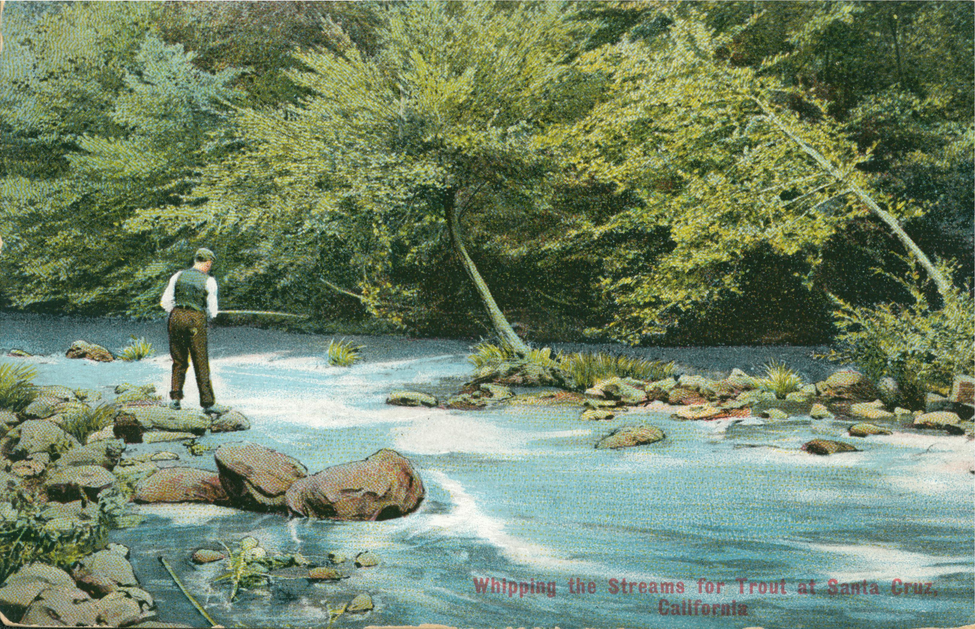 Shows a man fishing in a rushing stream