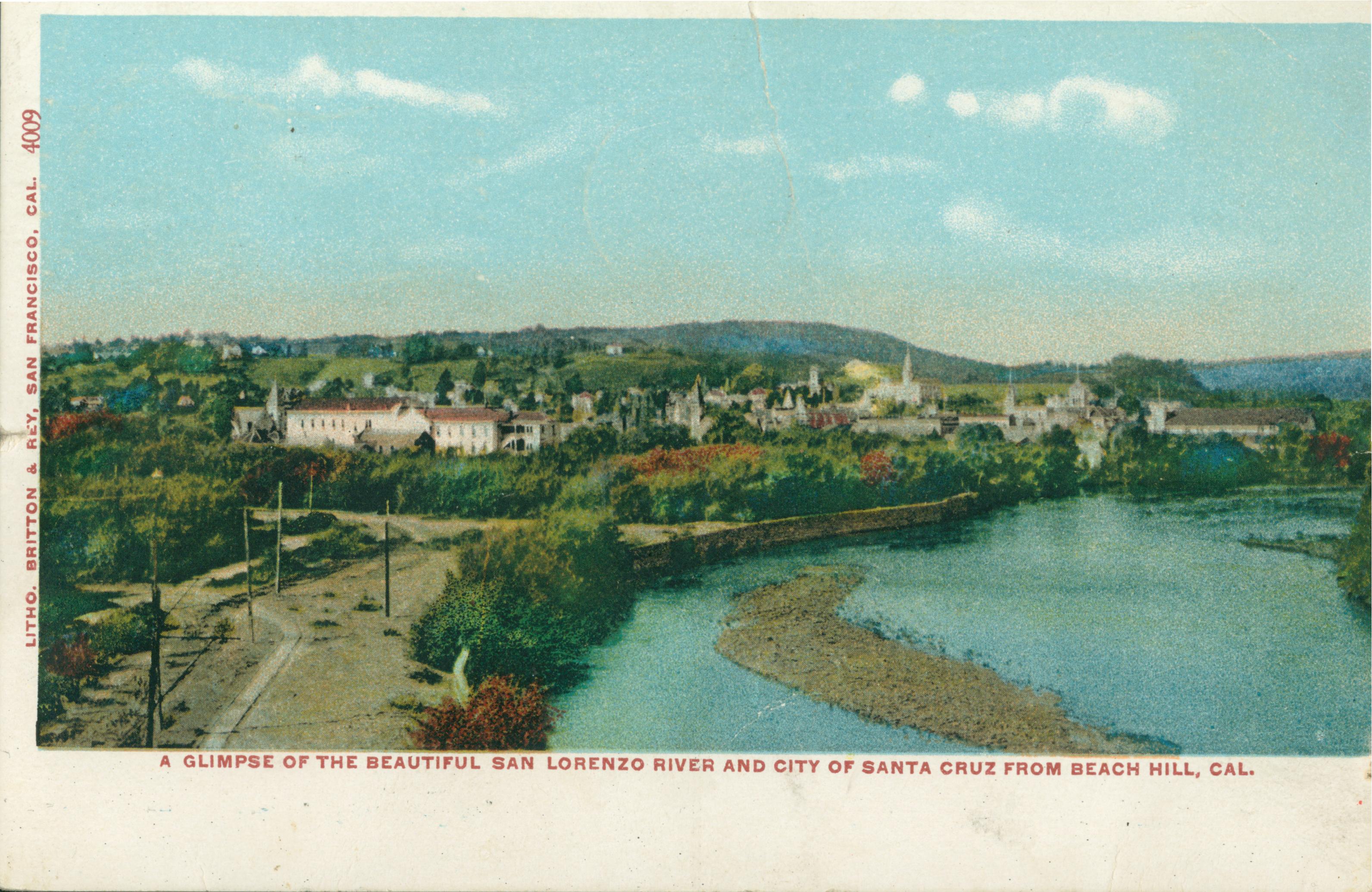Shows a bird's eye view of Santa Cruz with the San Lorenzo river to the right with railroad tracks in the foreground