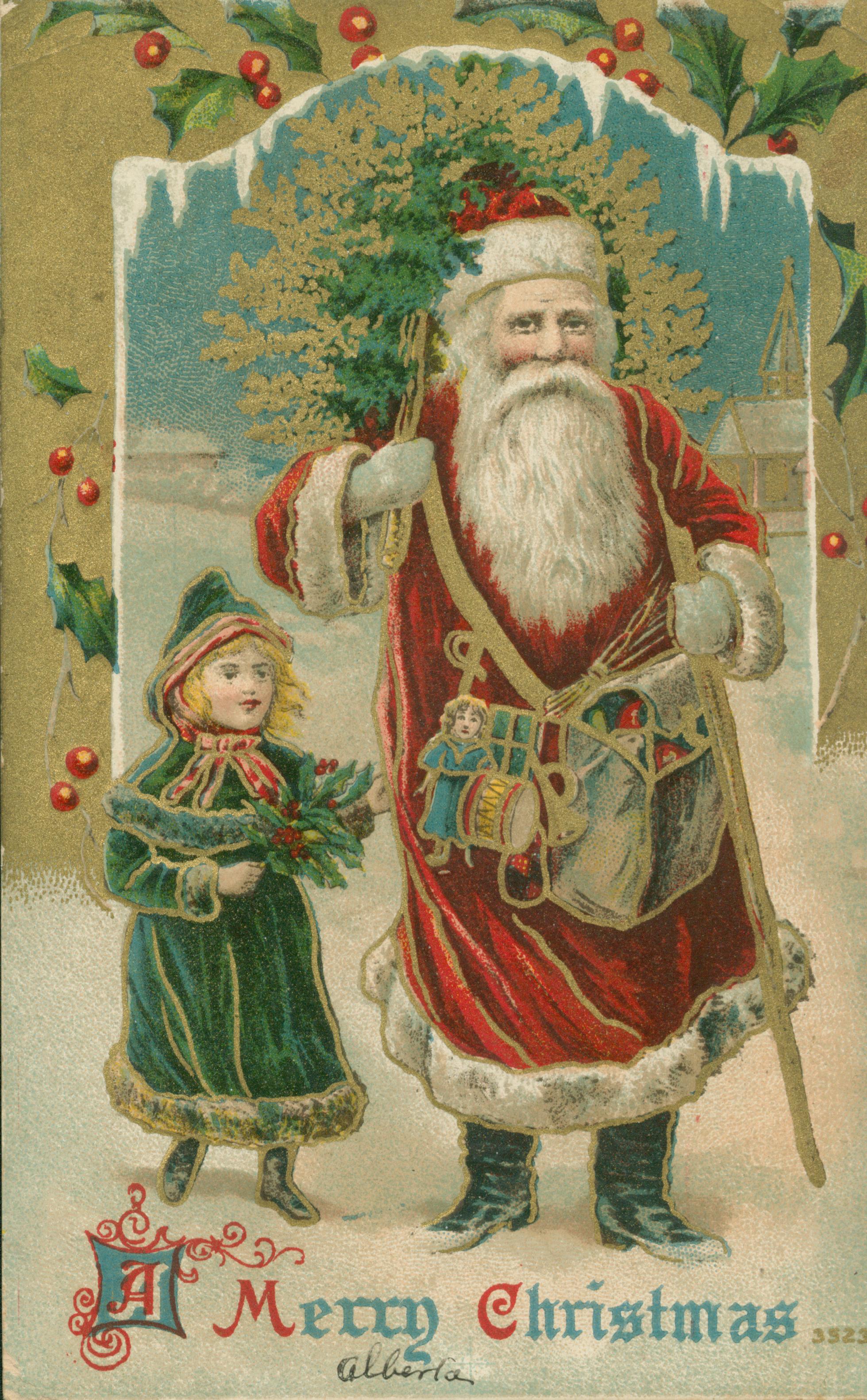 Shows Santa Claus standing next to a child
