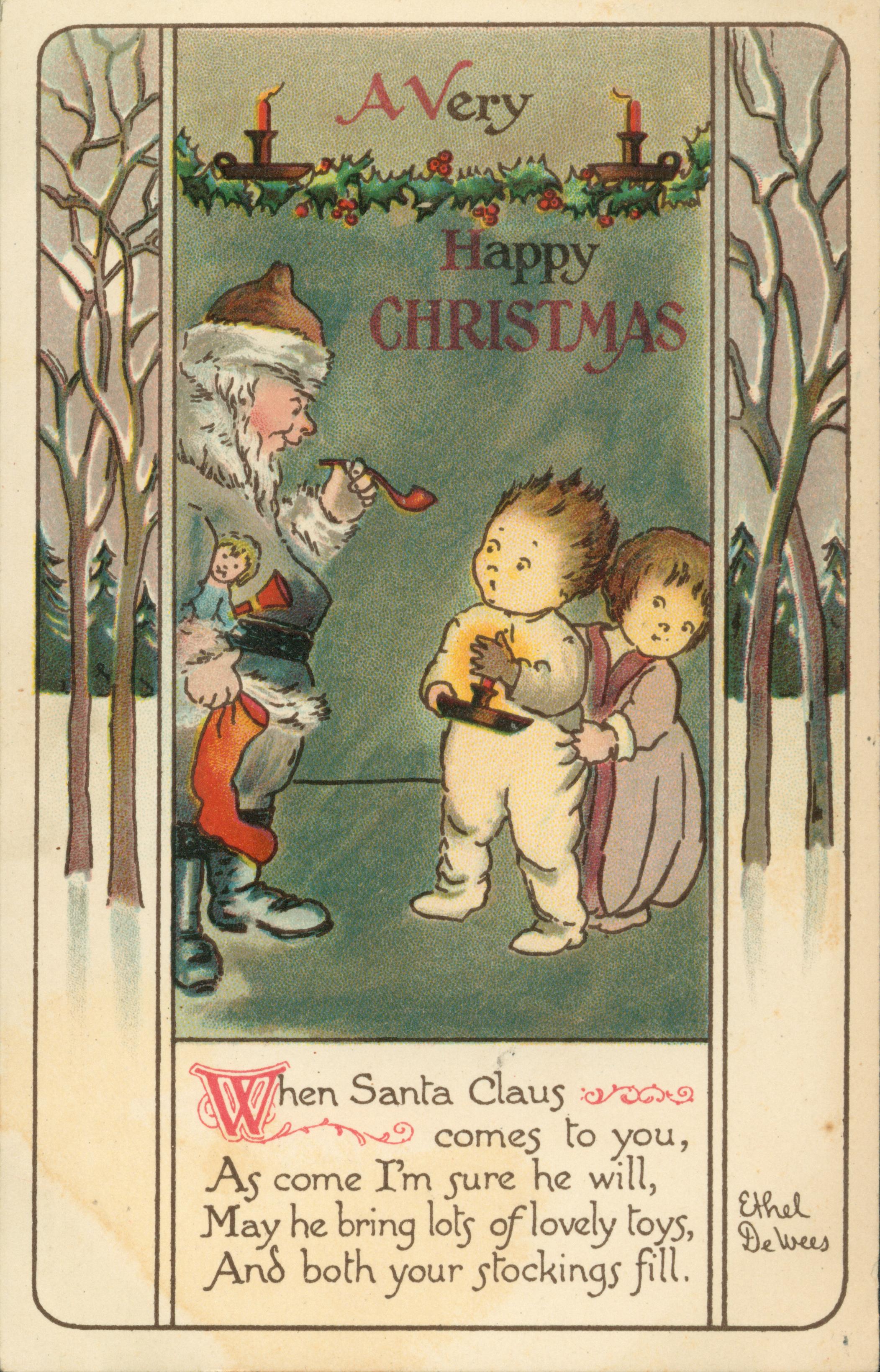 Shows Santa holding a pipe in an encounter with two children