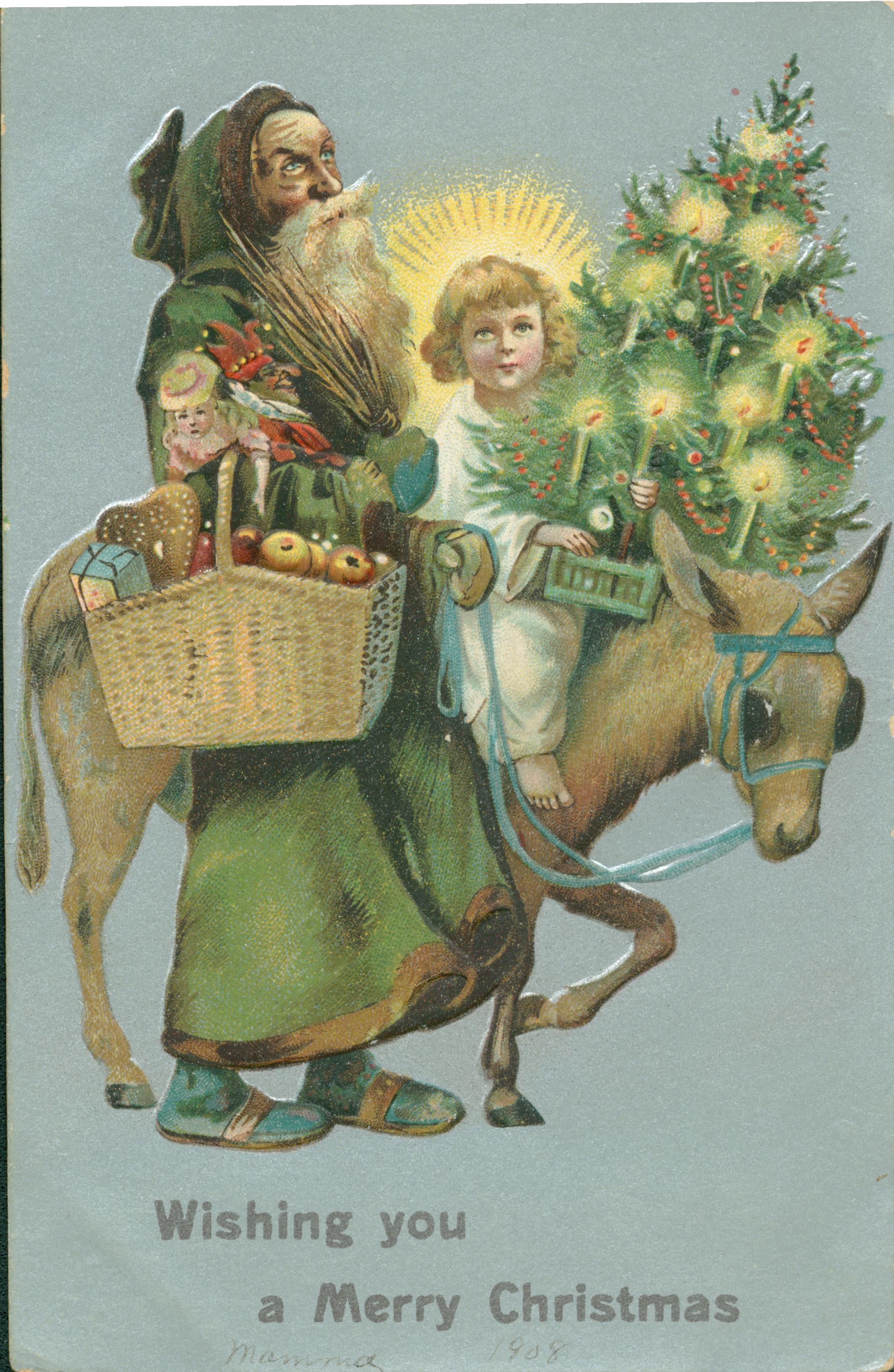 Shows a Santa Claus with gifts walking alongside a donkey bearing a child and a Christmas tree