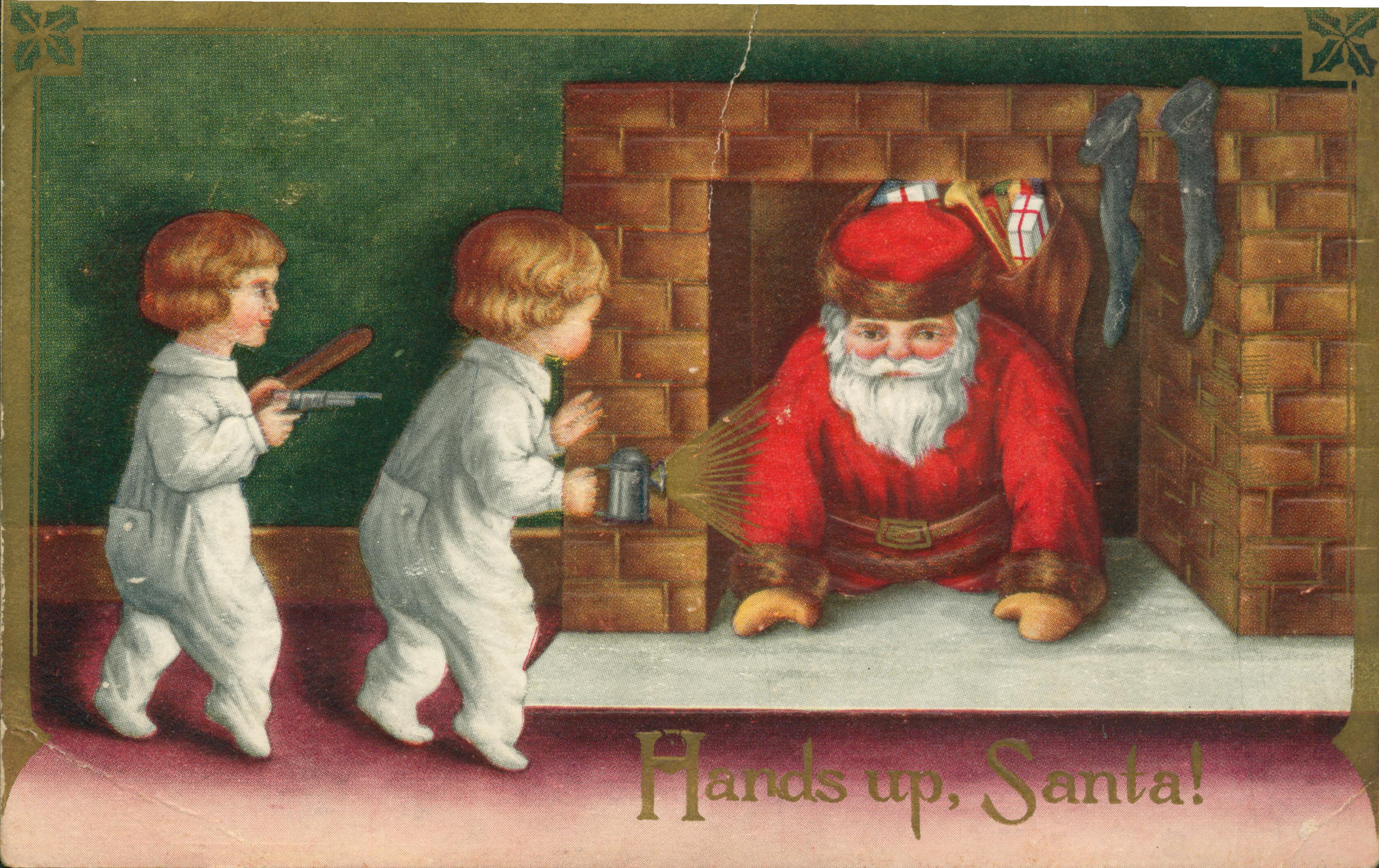 Shows a Santa Claus emerging from a chimney while two children confront him with a flashlight and a gun