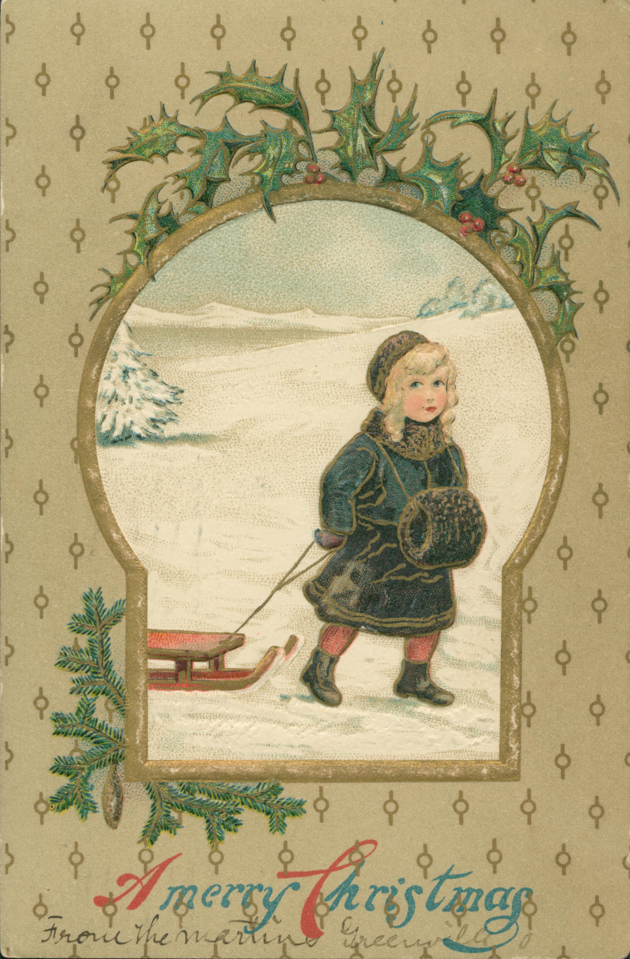 Shows a girl pulling a sleigh in a keyhole shaped vignette