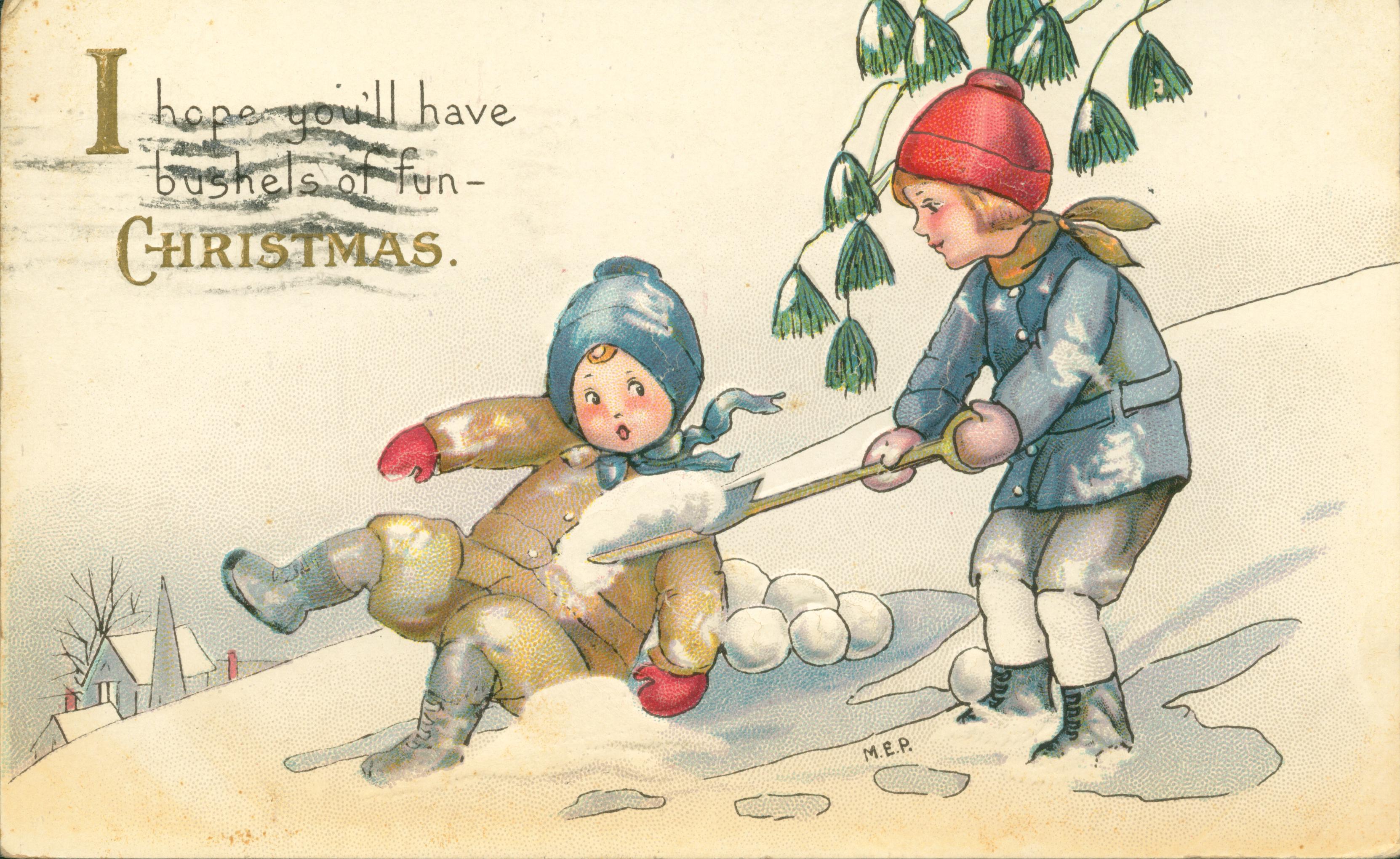 Shows two children playing in the snow