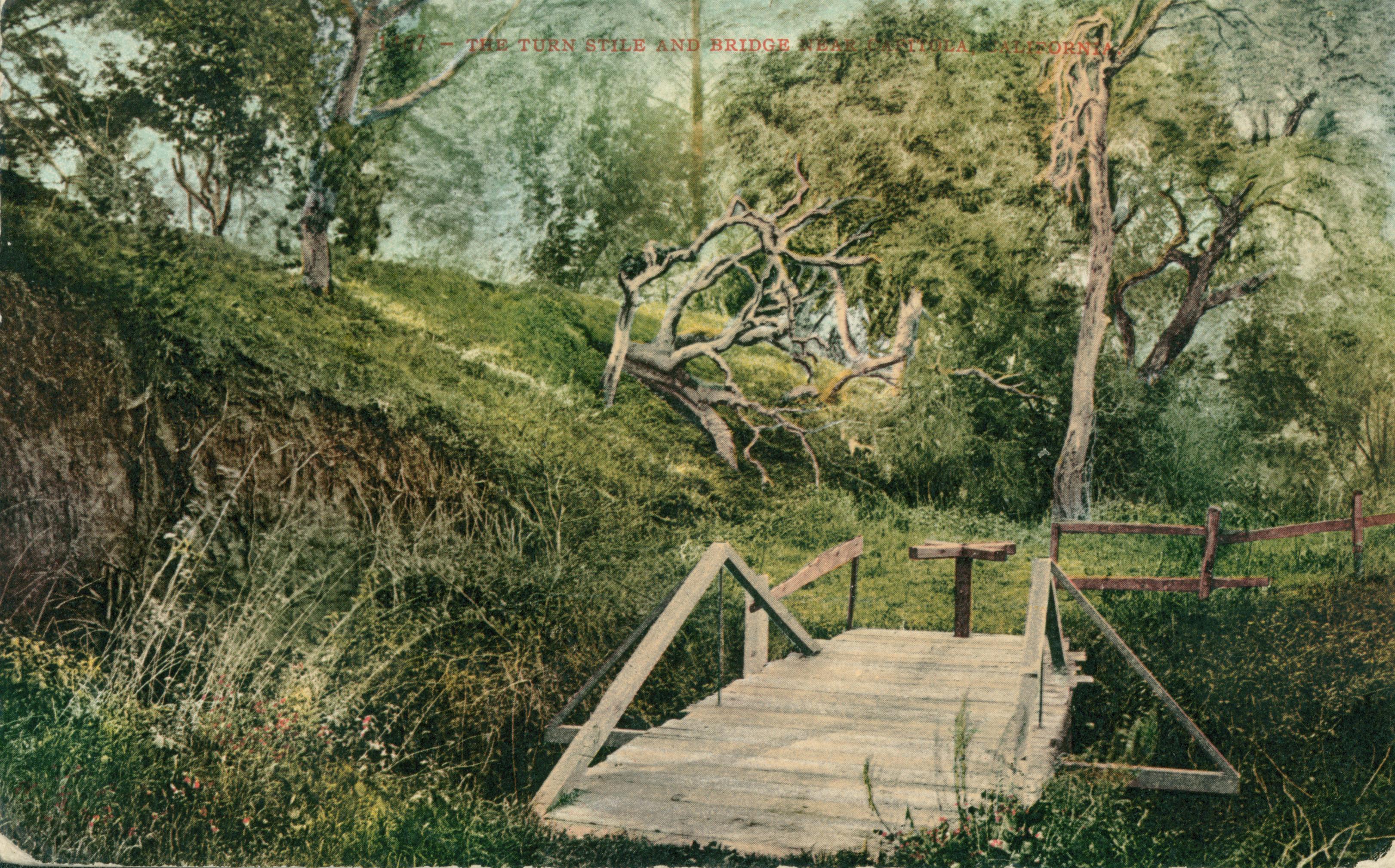 The turn stile and bridge near Capitola, California, green hill, trees