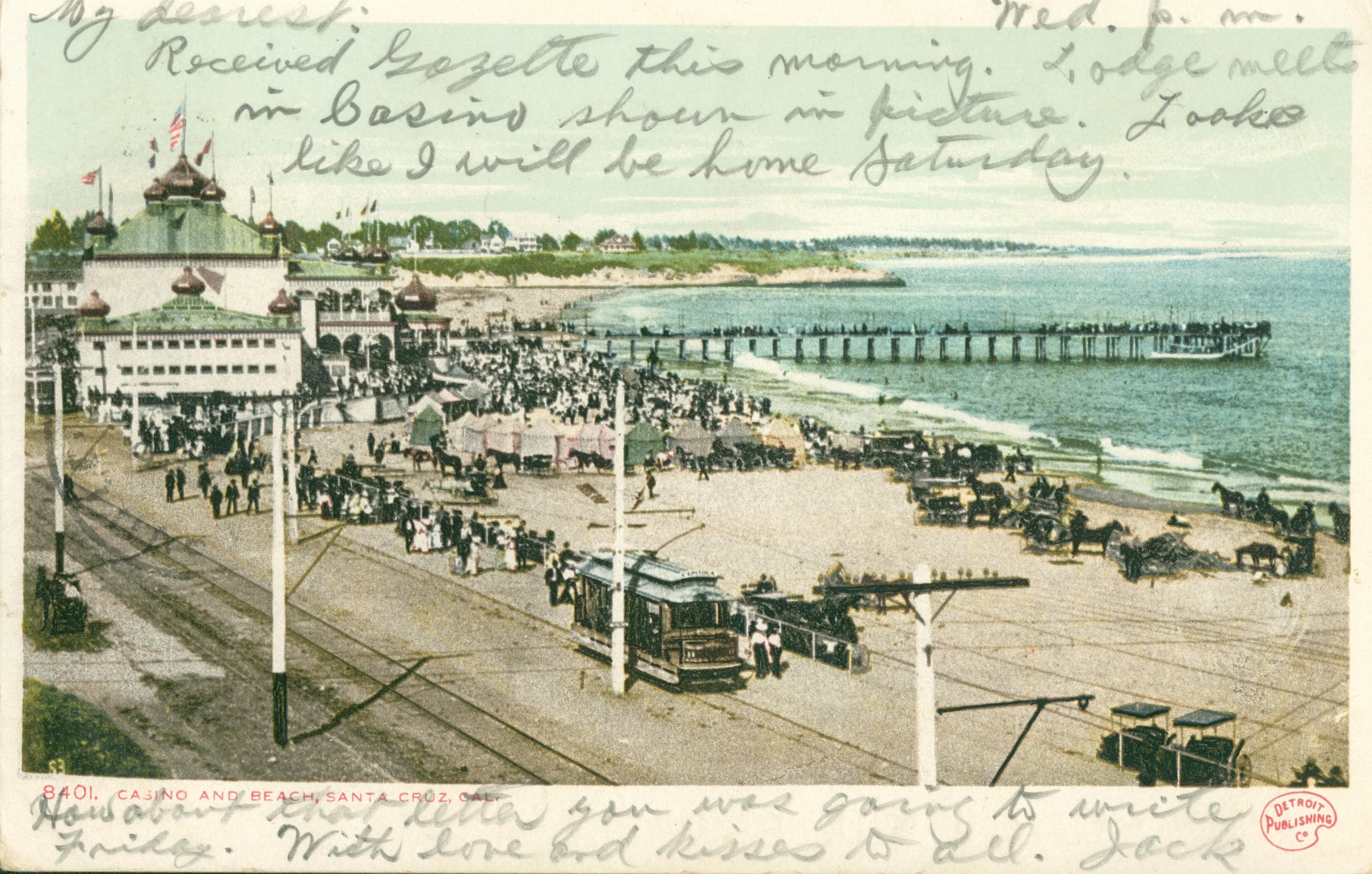 Ocean view Overhead view of casino and structures, beach view with tents, horses and carts, people, electric trolley, pier, Santa Cruz coastline