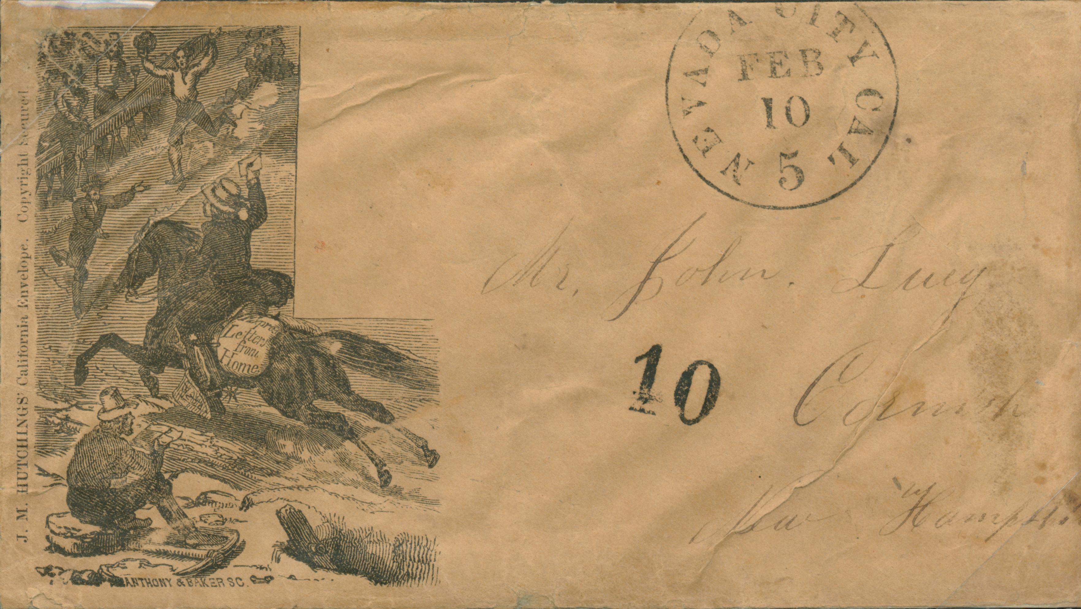 Shows a horse and rider (pony express?) delivering mail.