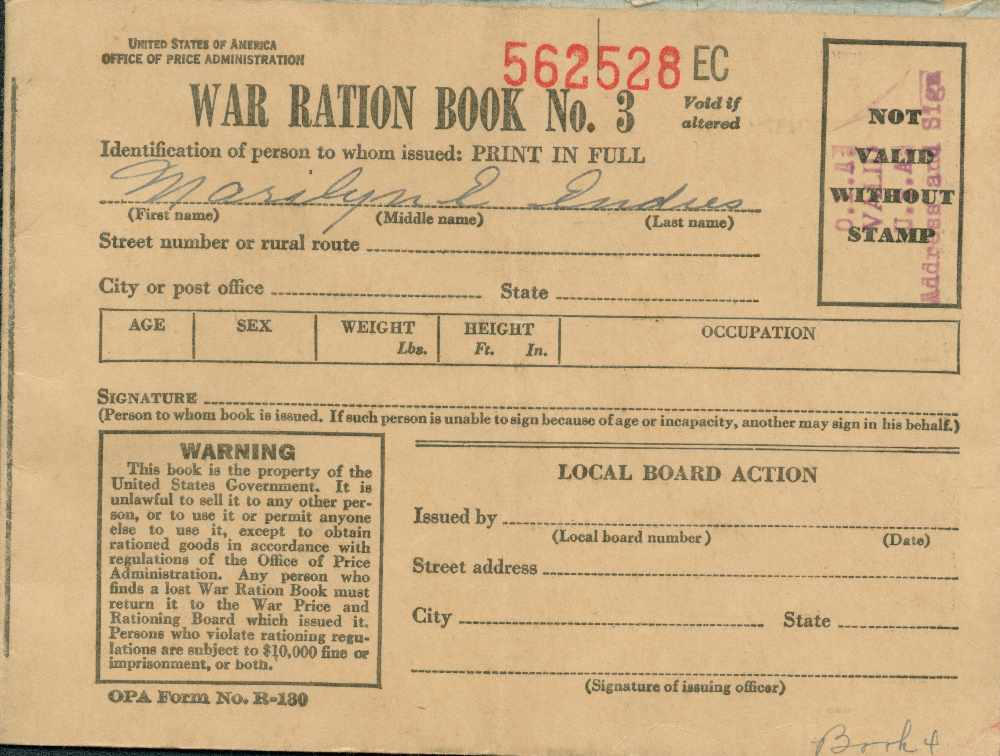 Front cover of the war ration booklet has spaces for owner information