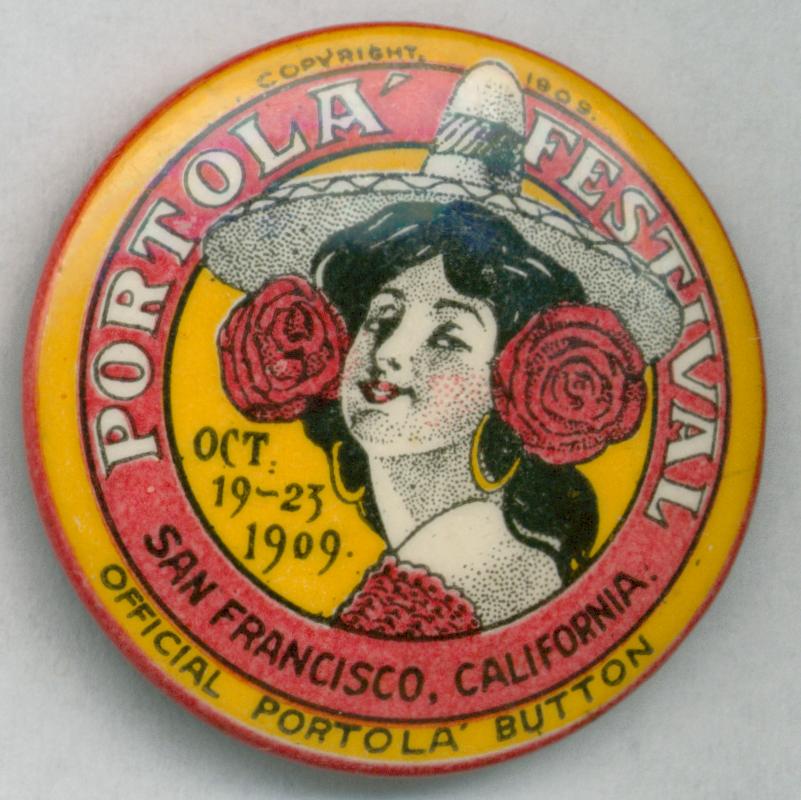 Head-portrait of woman embellished with roses and a sombrero.