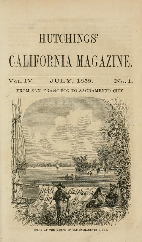 The cover of the July 1859 issue of Hutching's Magazine shows a man carrying a dead rabbit, walking up to a boat where two other men have pitched a make-shift tent. A river is in the background.