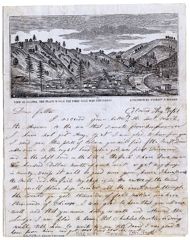 This pictorial lettersheet shows an image of early Coloma. The text is a letter from Jared Brown Comstock to his father.