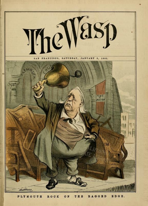 This cover of the Wasp from 1885, shows a man looking in dismay at a cracked bell he is holding aloft, while standing in front of several benches piled up outside of a church entrance.